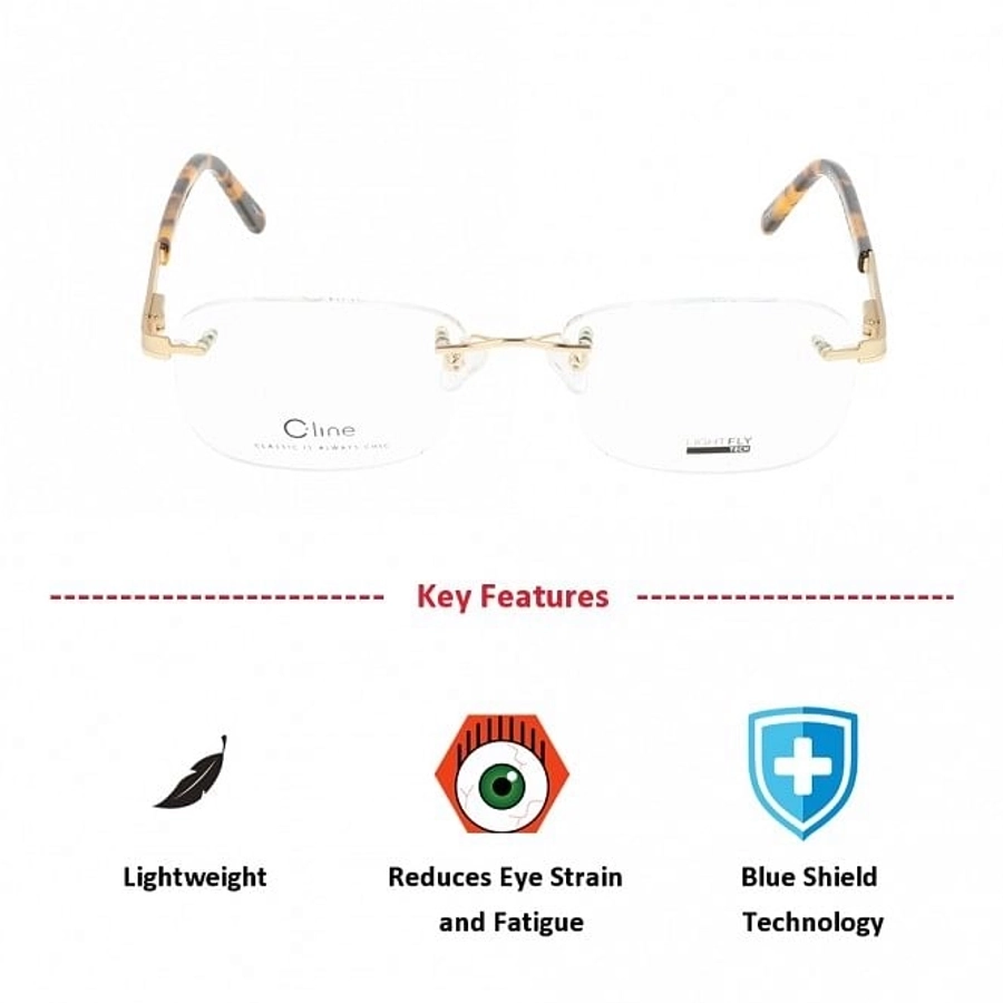 Blue Shield (Zero Power) Computer Glasses: Rimless Rectangle Gold Metal Large LFCM81 