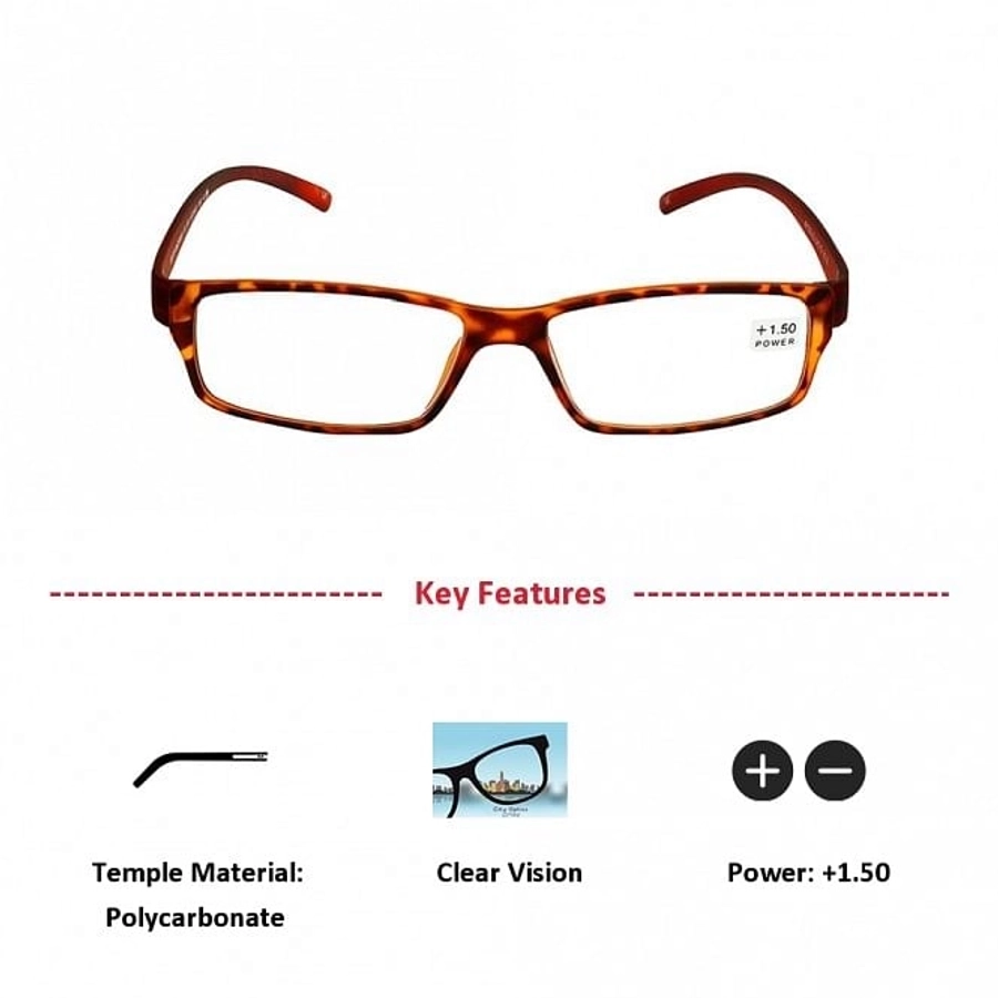 Brown Rectangle (+1.50 Power) Polycarbonate Unisex Medium HFDM01NN Reading Glasses