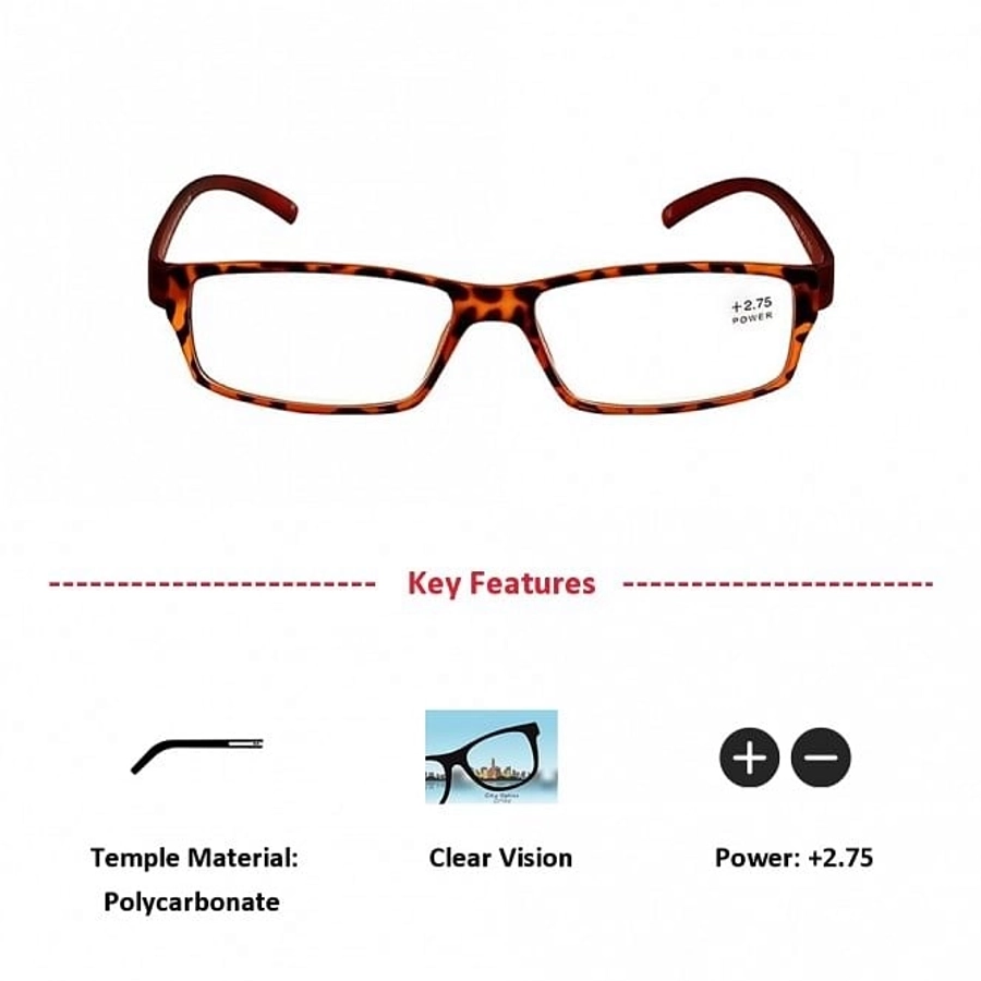 Brown Rectangle (+2.75 Power) Polycarbonate Unisex Medium HFDM01NN Reading Glasses