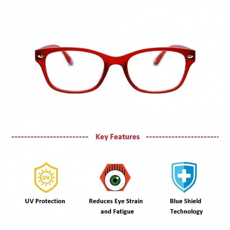 Blue Shield (+1.50 Power) Computer Glasses: Full Rim Rectangle Red Polycarbonate Women Medium HFCU08RD