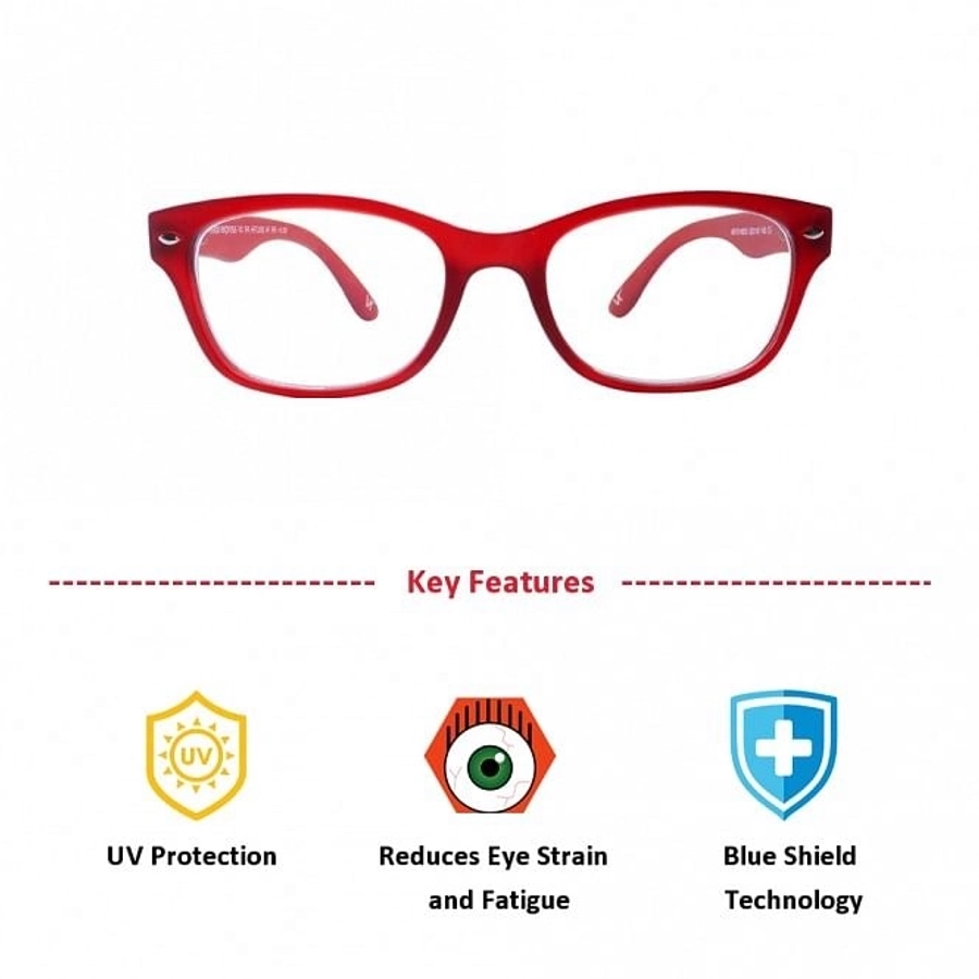 Blue Shield (+3.0 Power) Computer Glasses: Full Rim Rectangle Red Polycarbonate Women Medium HFCU08RD