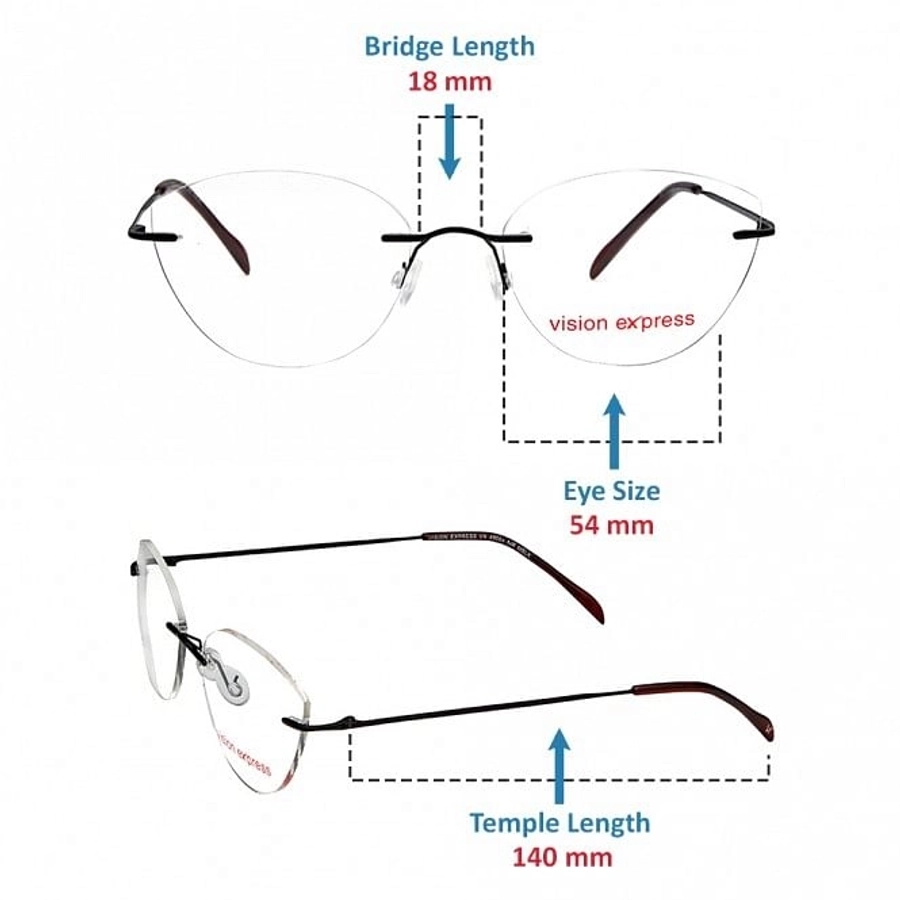 Rimless Metal Cat Eye Black Medium Vision Express 49084 Eyeglasses