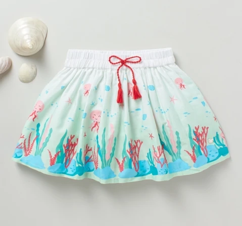 Girls Border Print Skirt - White