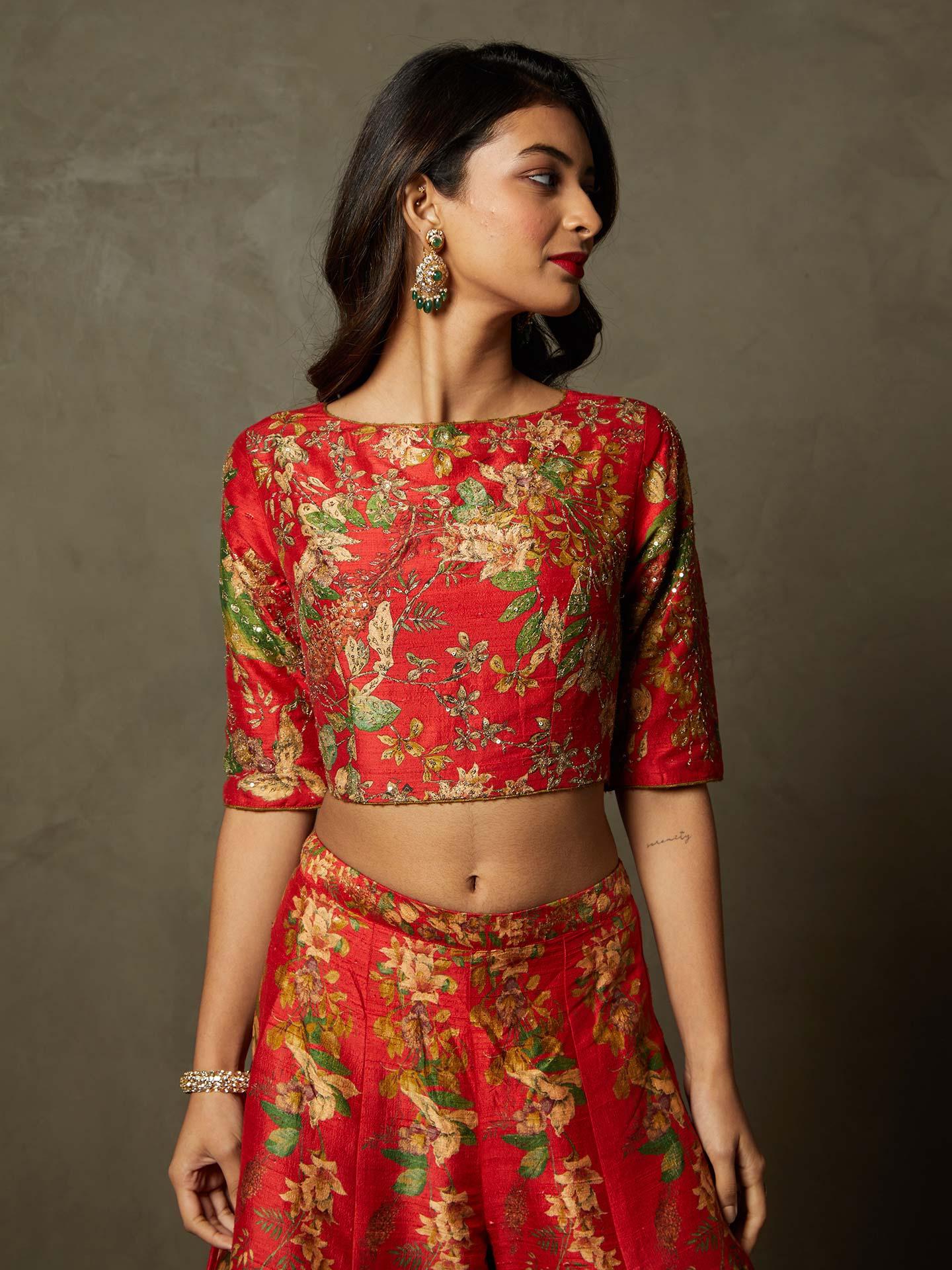 Red & Beige Water Lily Embroidered Ensemble