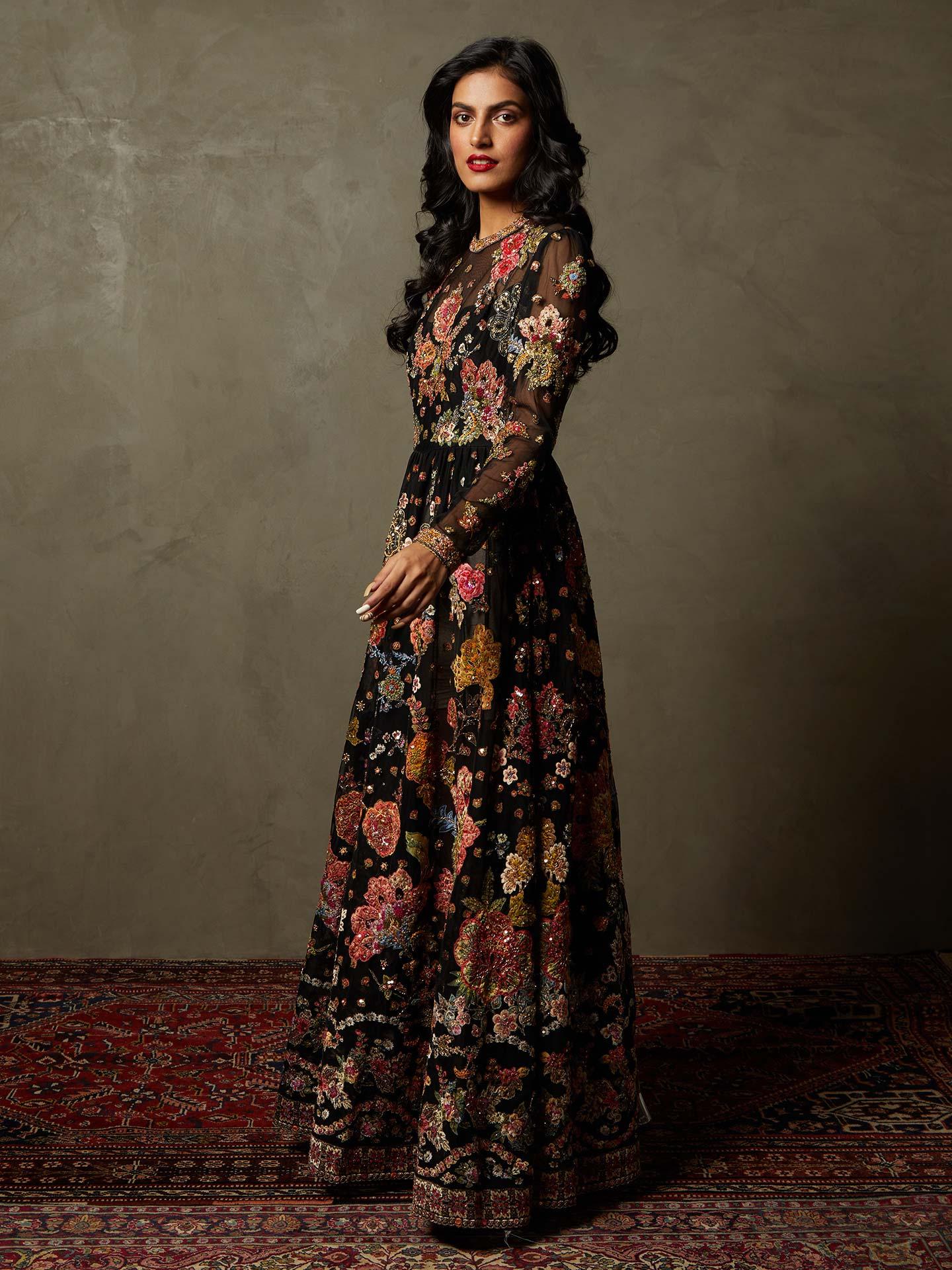 Black & Multi Colour Wild Flower Embroidered Gown