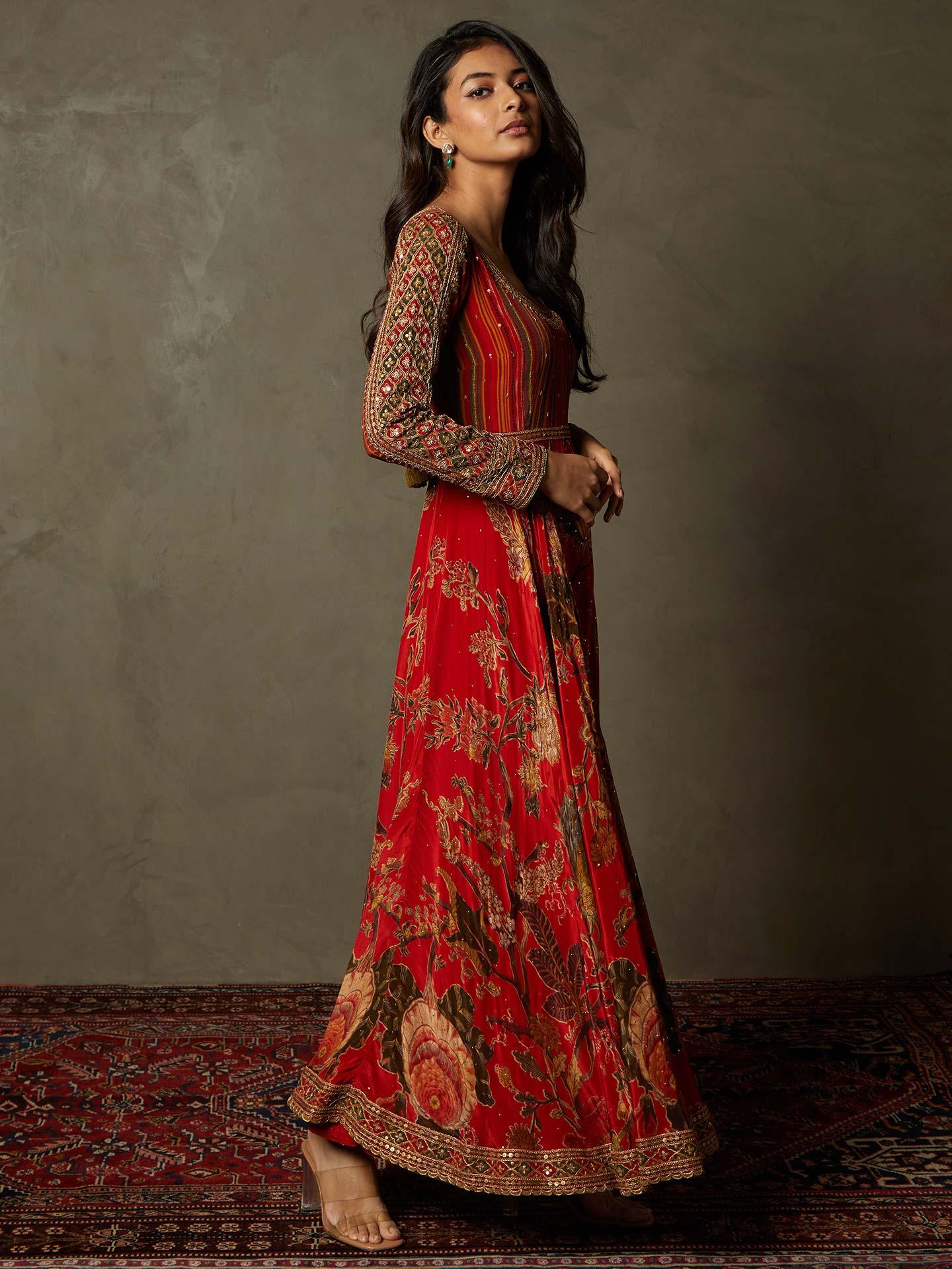 Red & Mustard Romantic Flower Floral Embroidered Suit Set