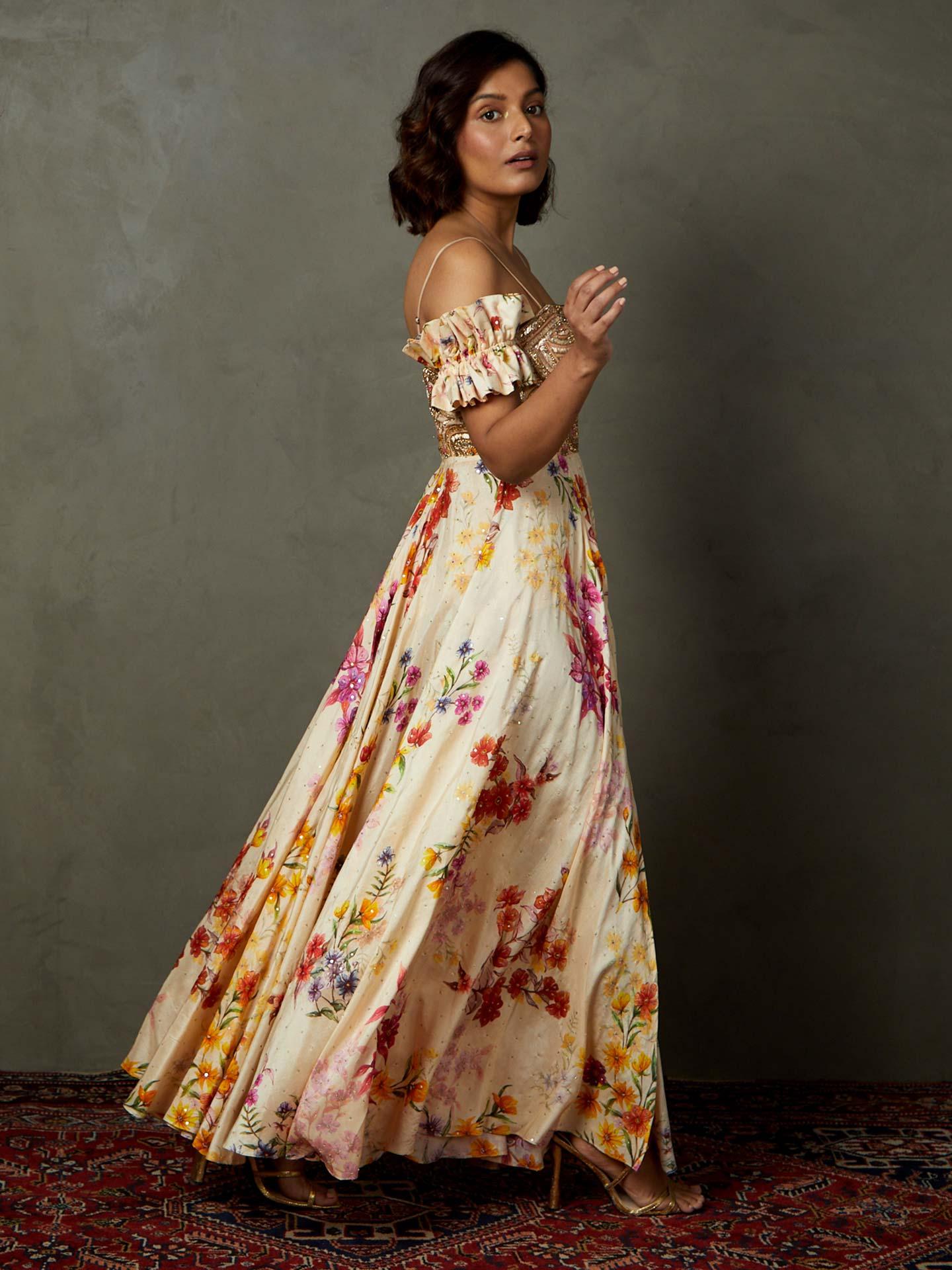 Off White & Multi Star Olivia Floral Embroidered Gown