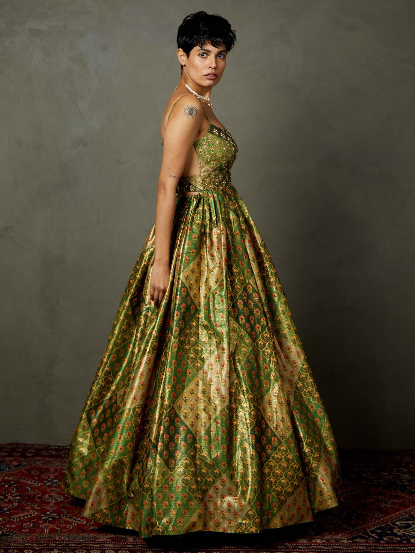 Pine Green Ecru Rajwadi Embroidered Dress