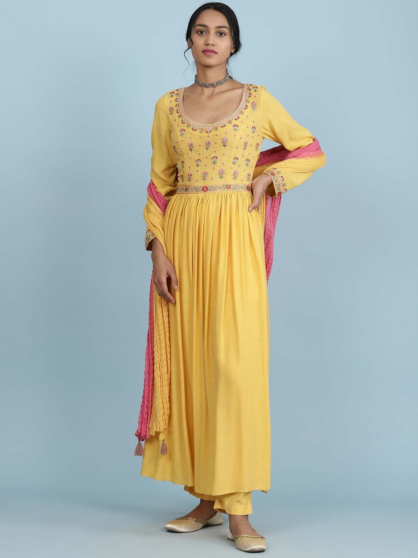 Yellow Ikat Solid Anarkali Suit