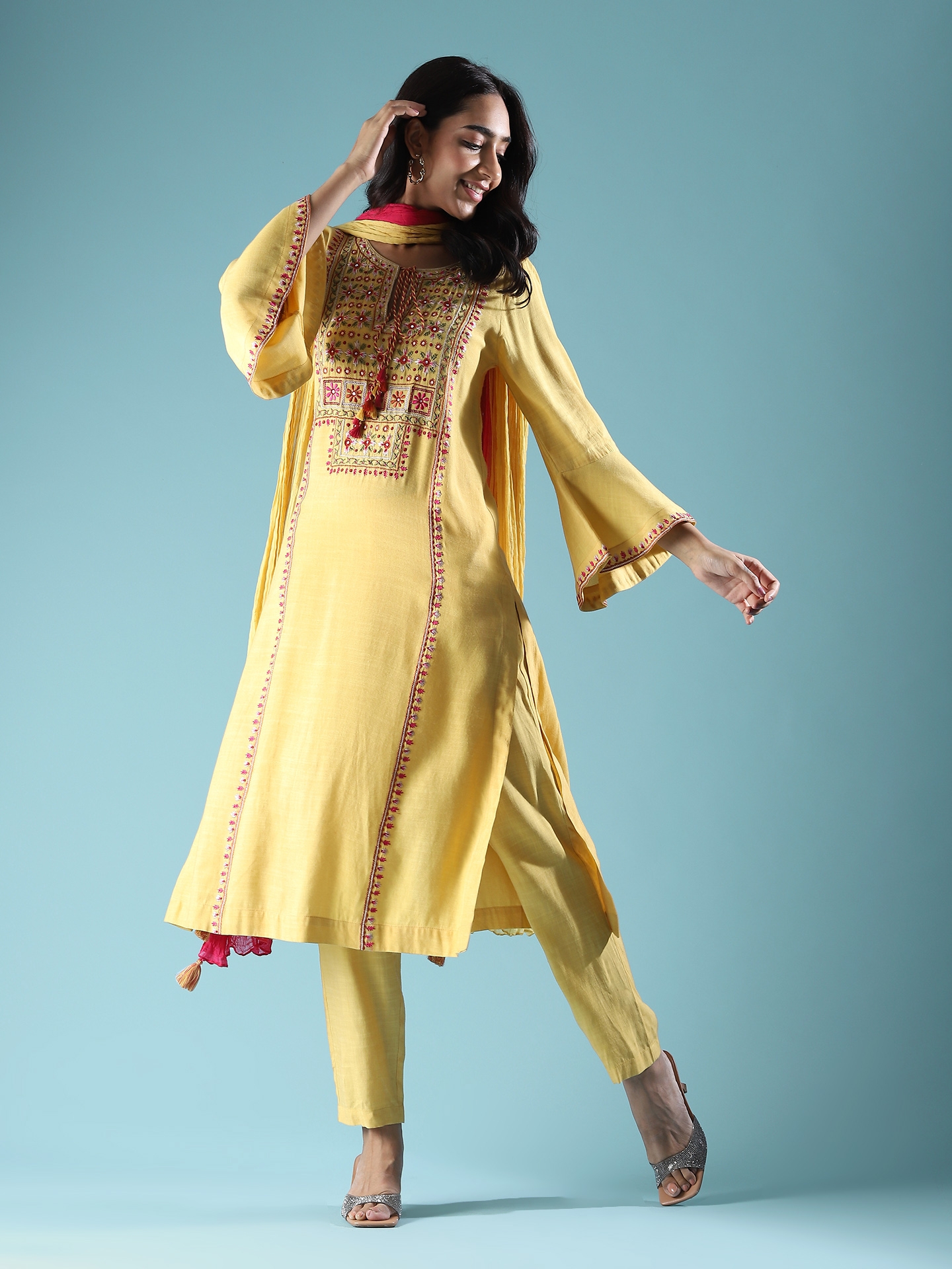 Yellow Premium Chinon Beautiful Elephant Hand embroidered A-line Party wear suit main image 1