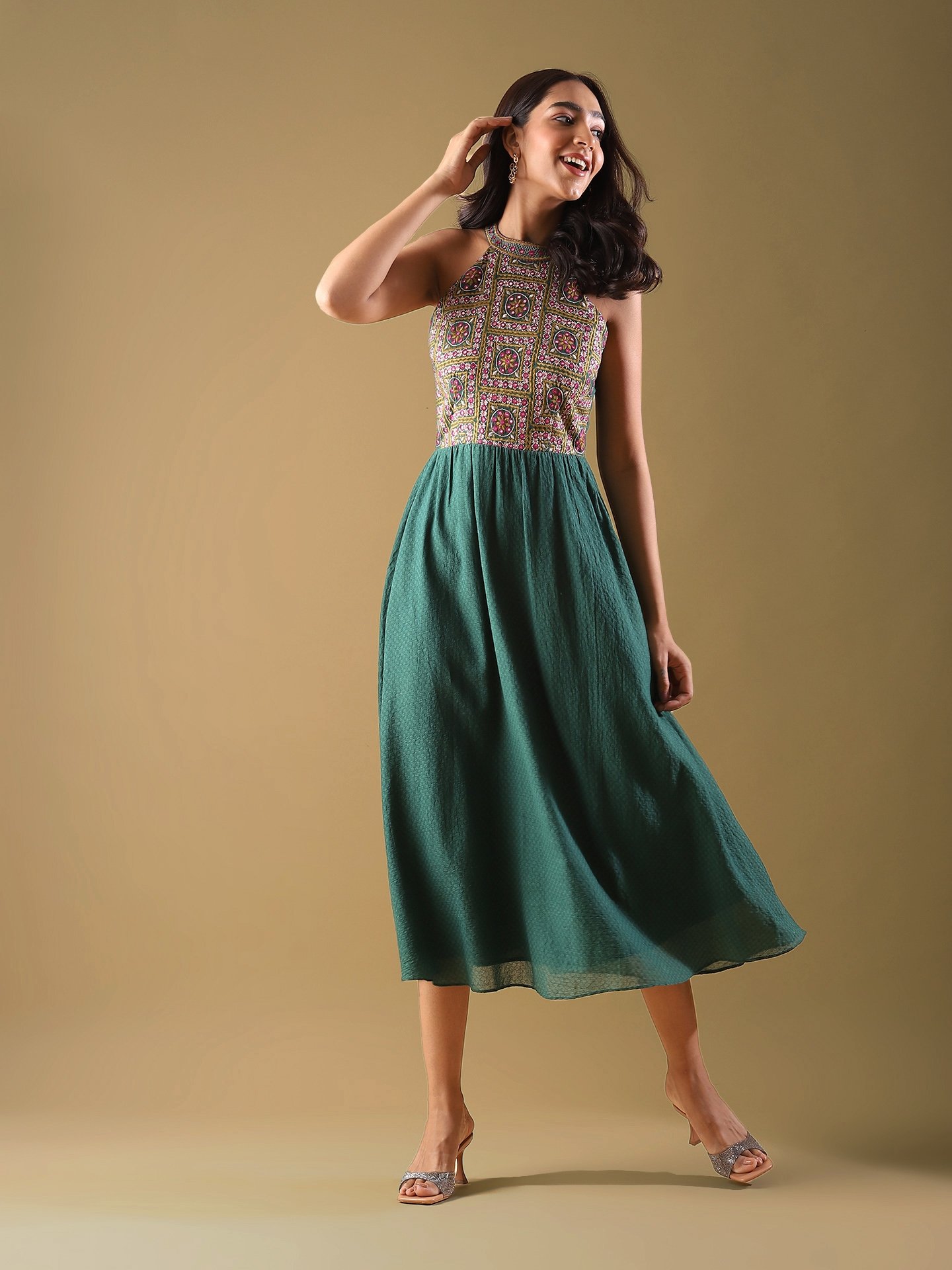 Green Bagicha Solid Long Dress