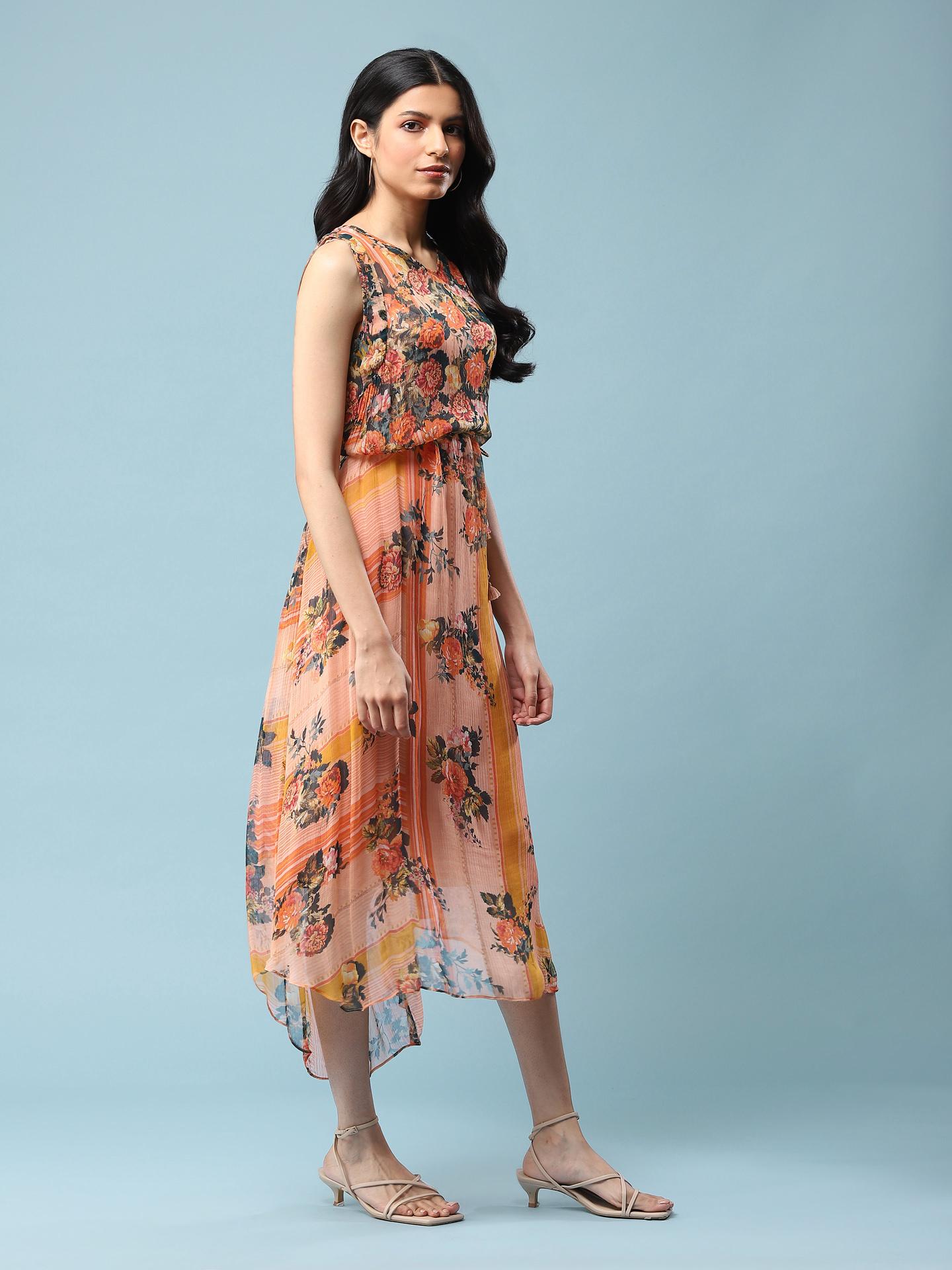 Orange & red floral print dress