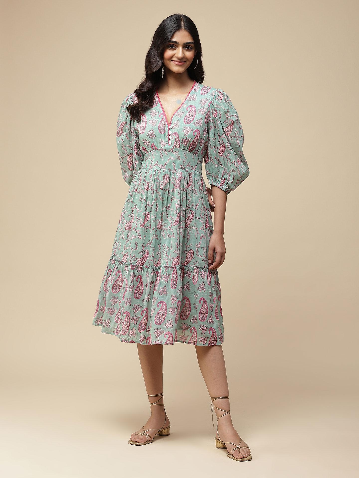 Mint Paisley Print Long Dress