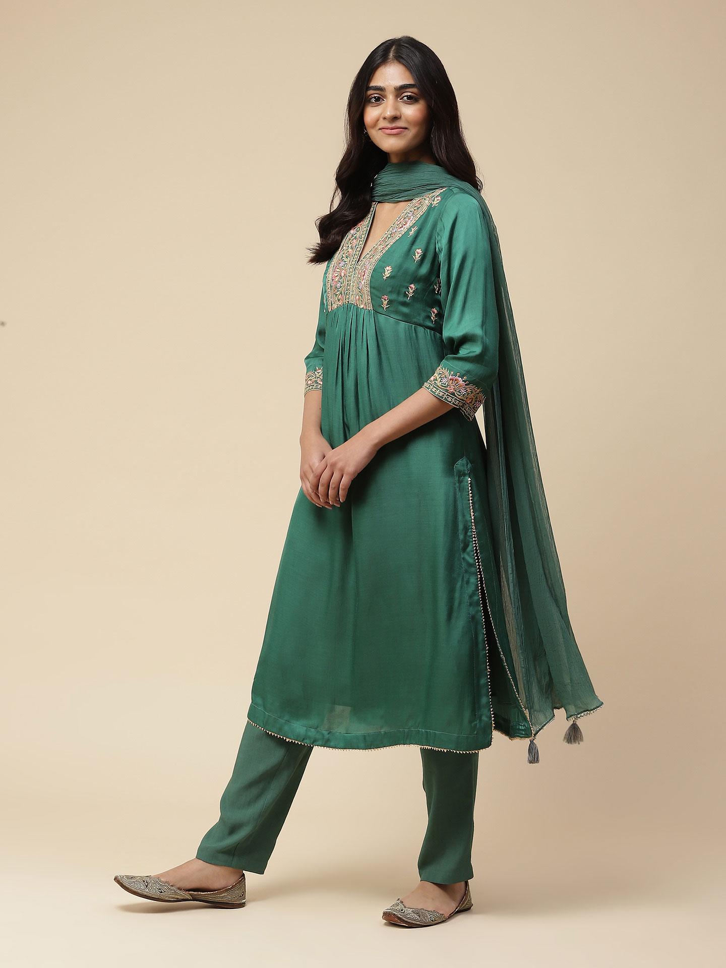 Green Embroidered Silk Suit Set