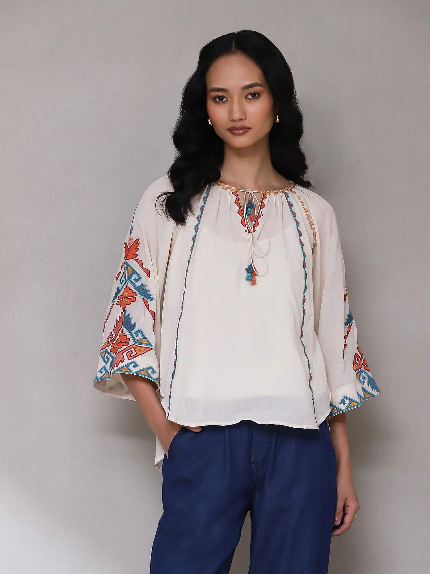 Ecru Zest Solid Peasant Top