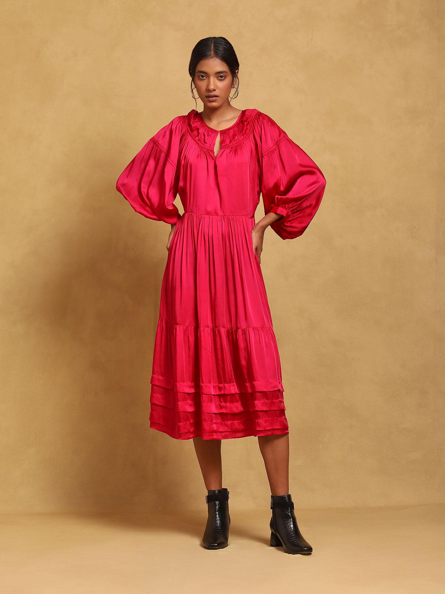 One Shouldered Fuschia Pleated Maxi Dress with Crystal Stone Detail