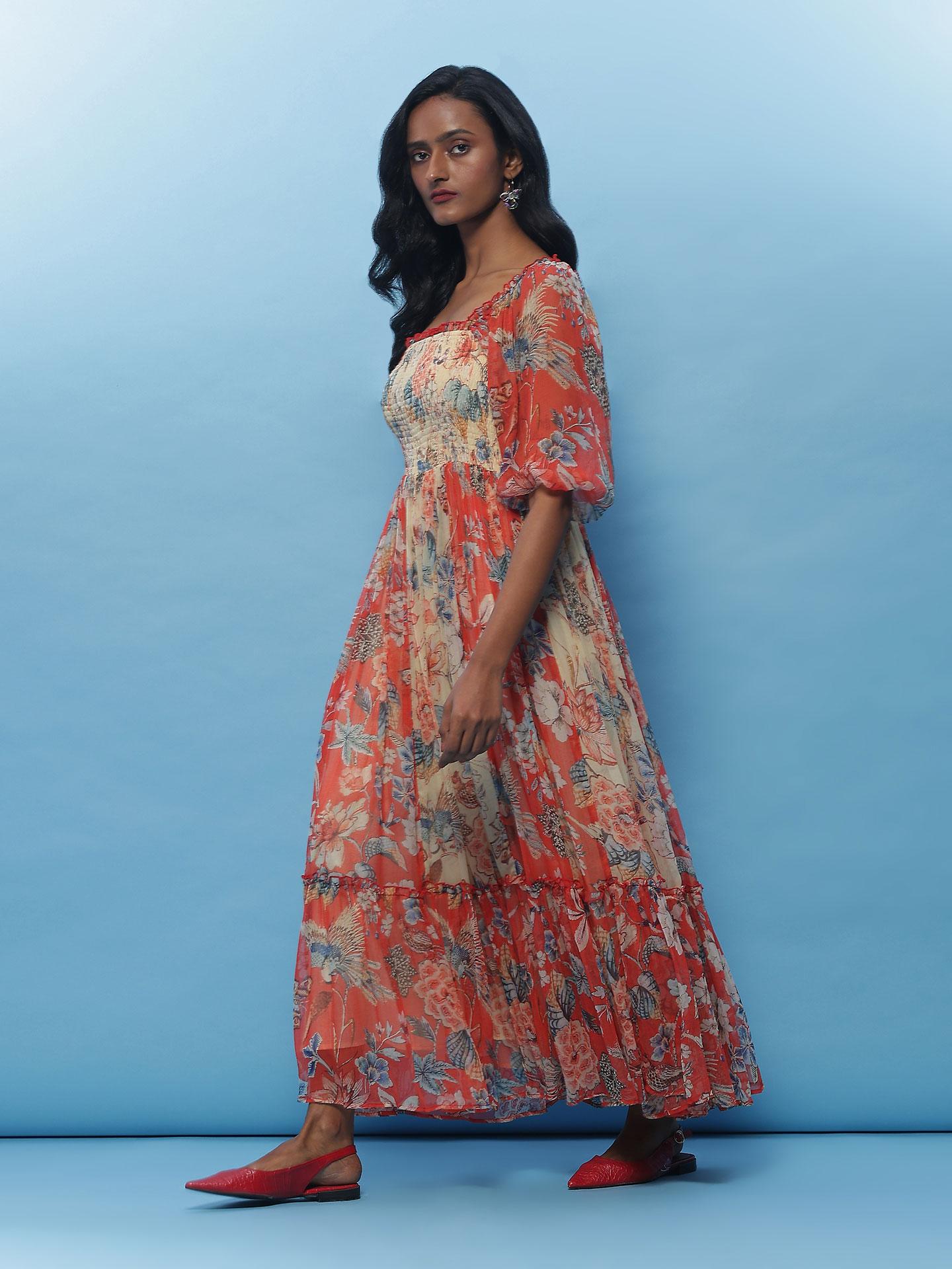 新作ウエア Floral Ecru Print Dress Long トップス