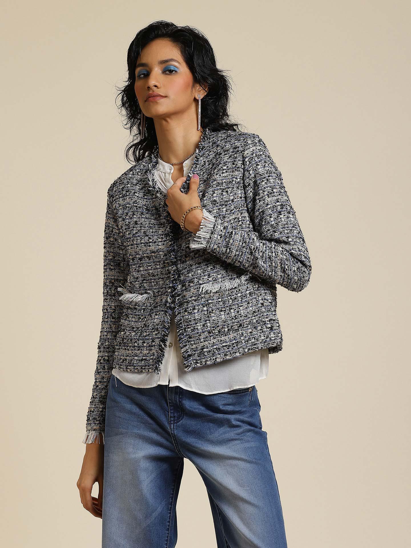 Black Front-Open Tweed Jacket