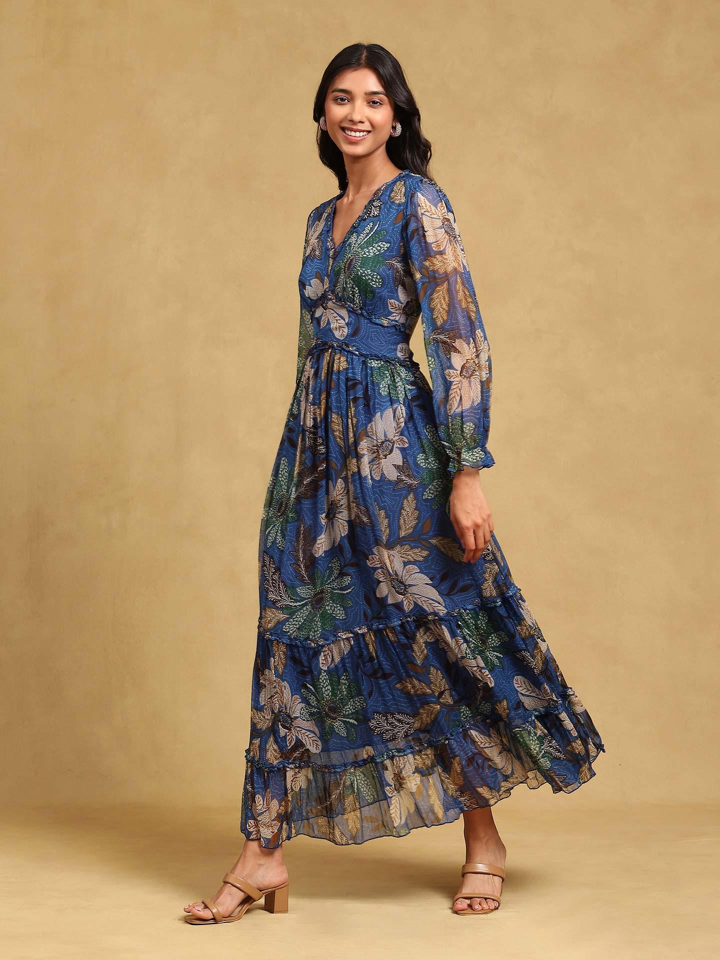 Blue Floral Print Long Dress With Tiers