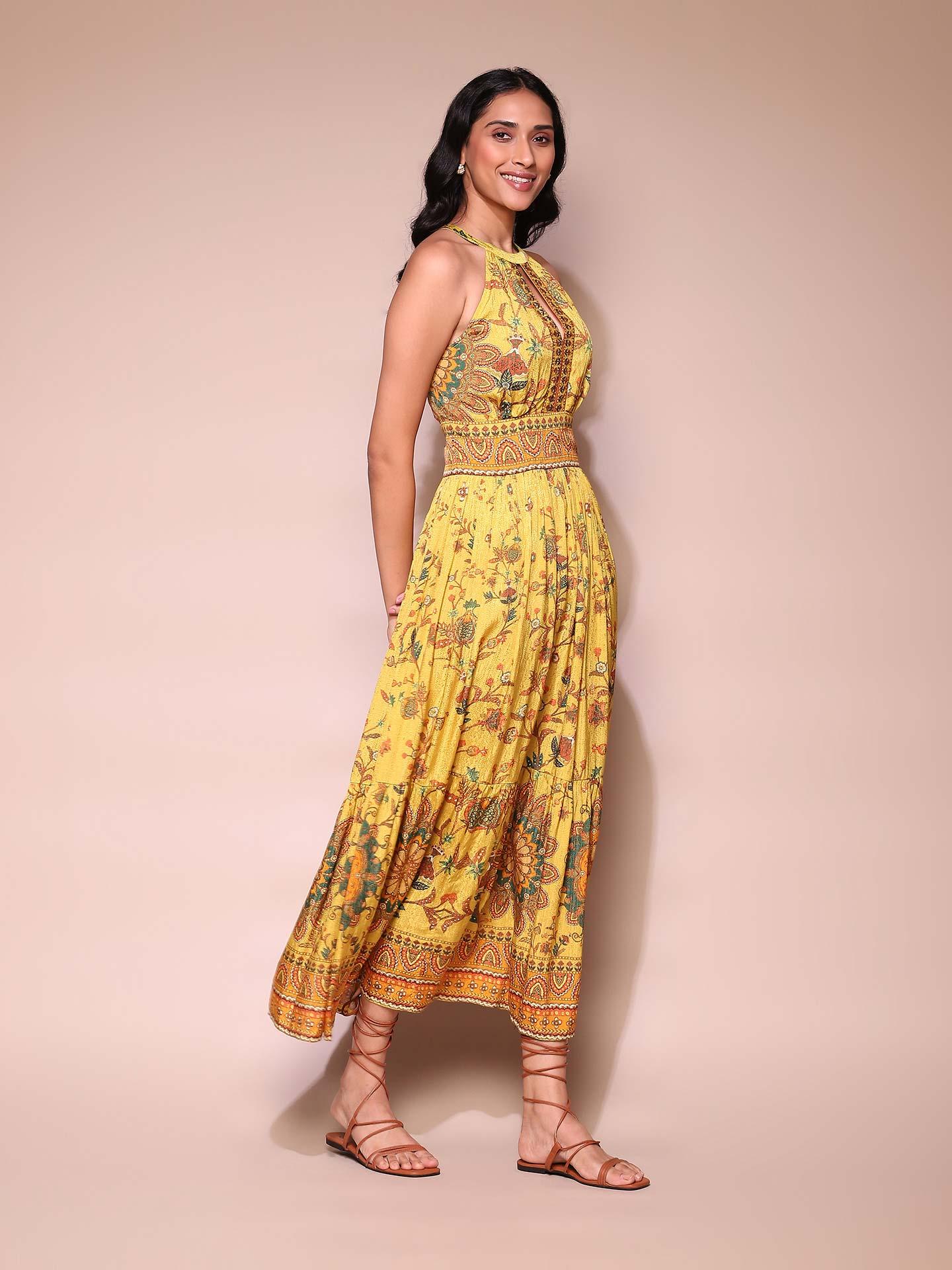 Yellow Floral Jacquard Dress