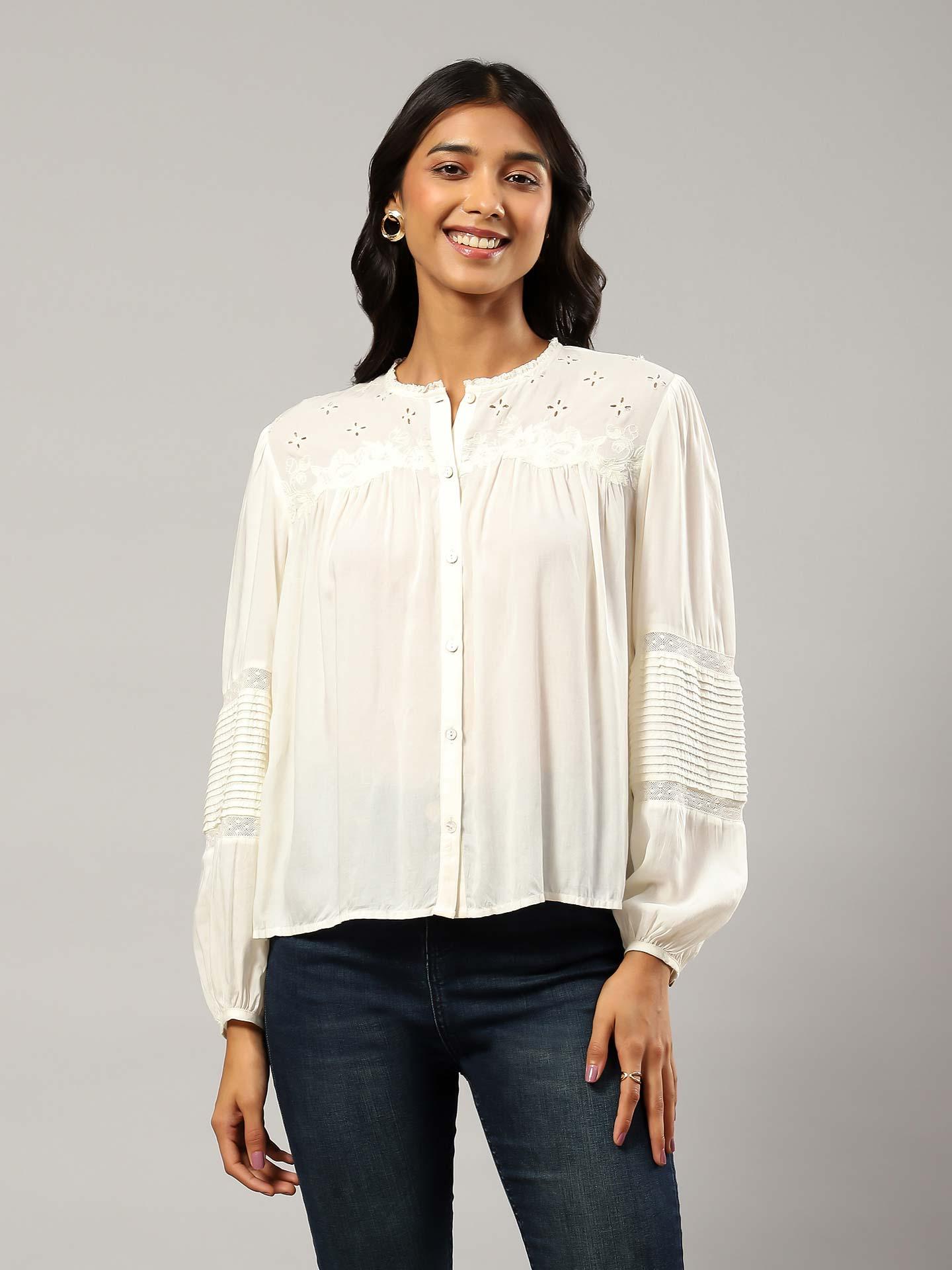 Ecru Modal Shirt with Lace-Inserts