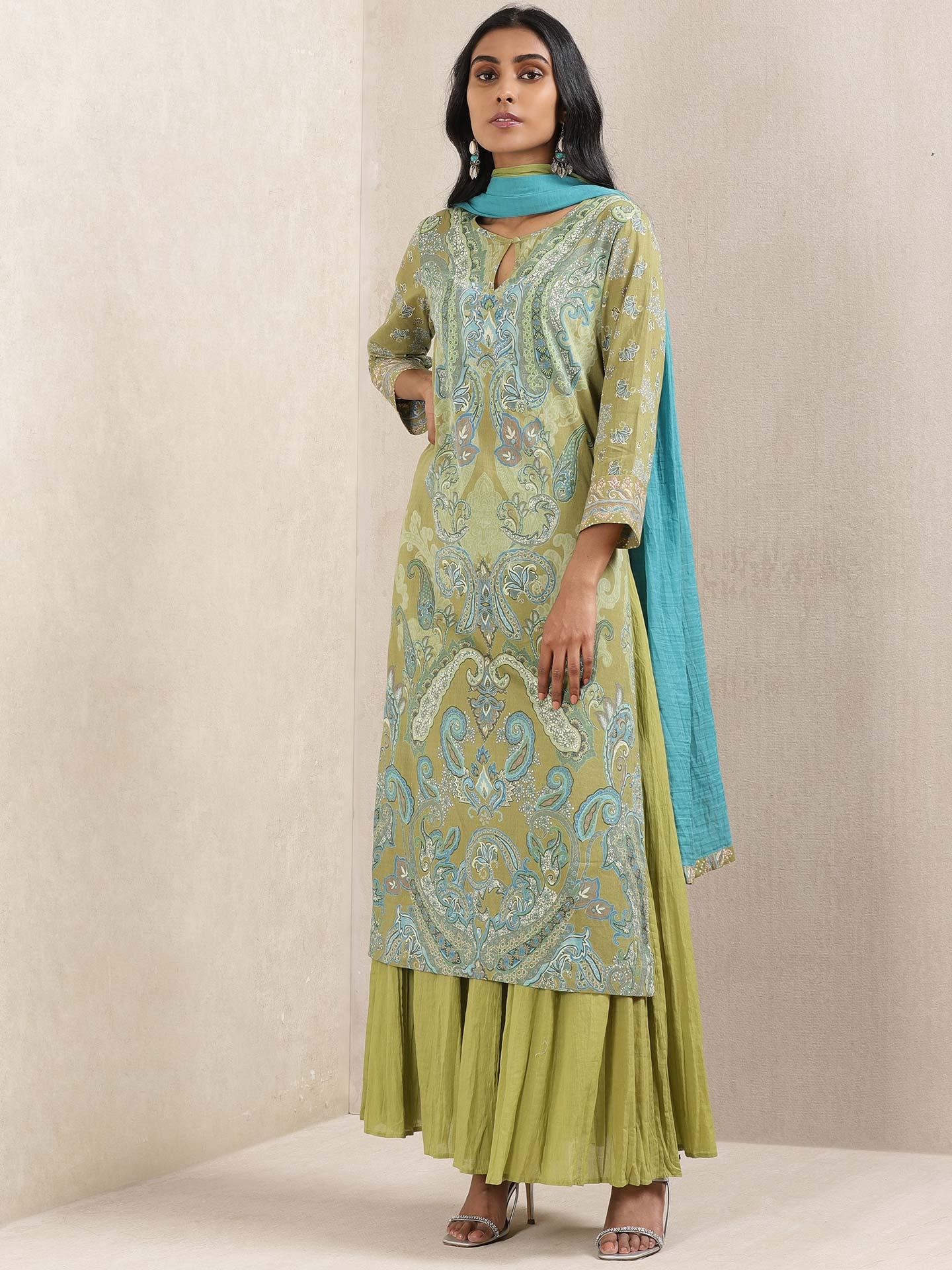 Green Printed Cotton Suit Set