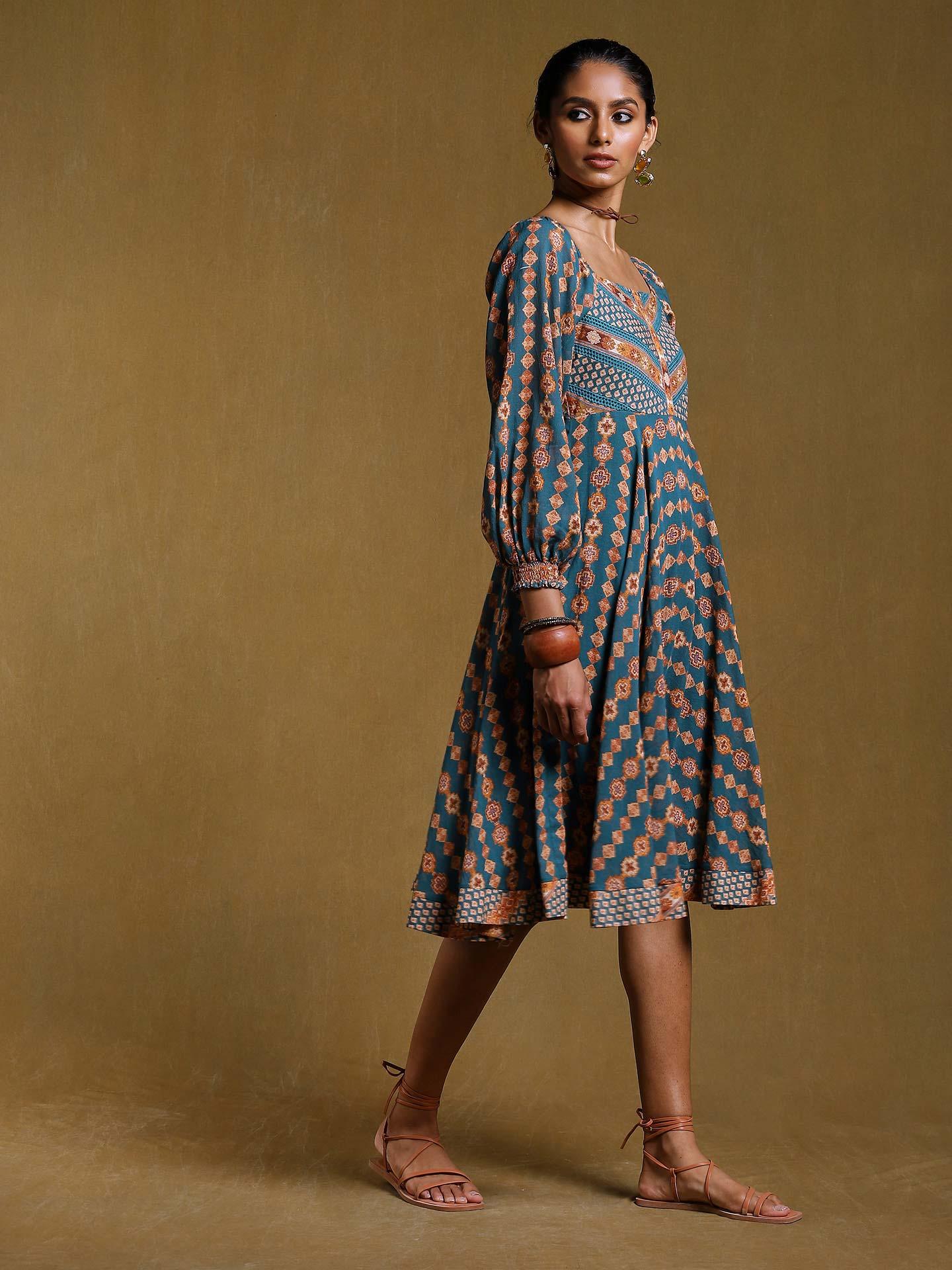 Teal Digital Print Kaftan Dress main image 1