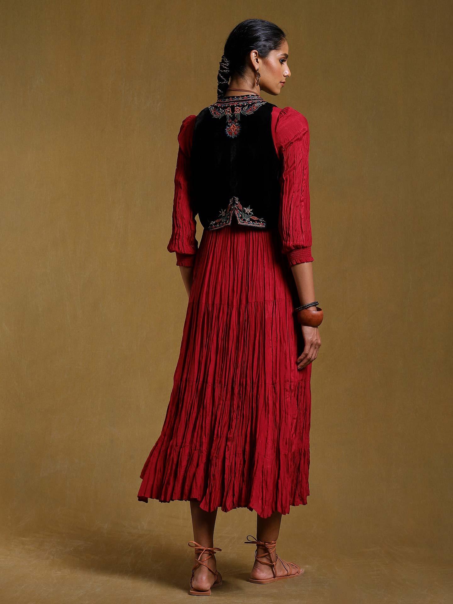 Burgundy Crinkled Dress with Embroidered Jacket