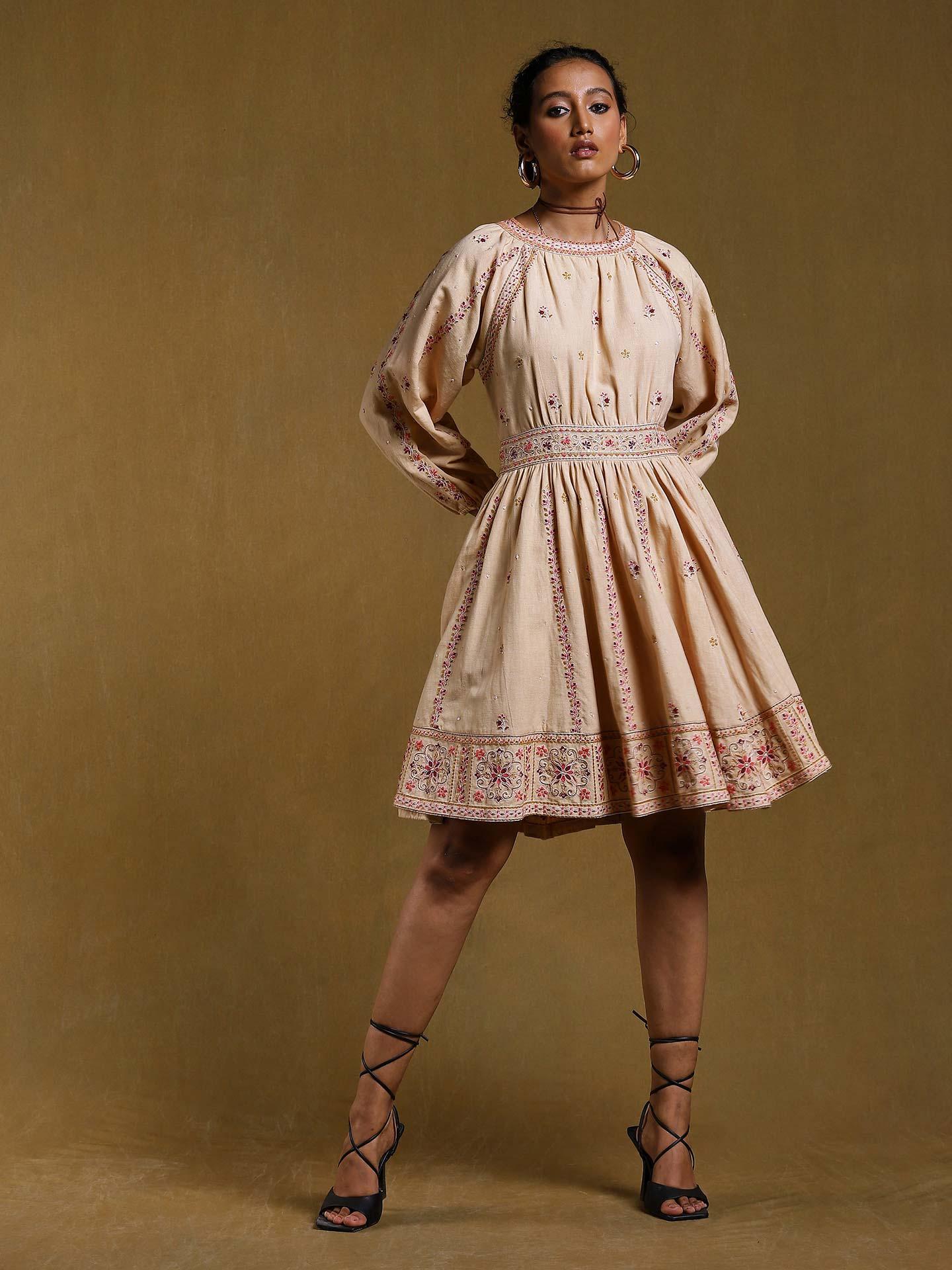Beige Embroidered Short Dress