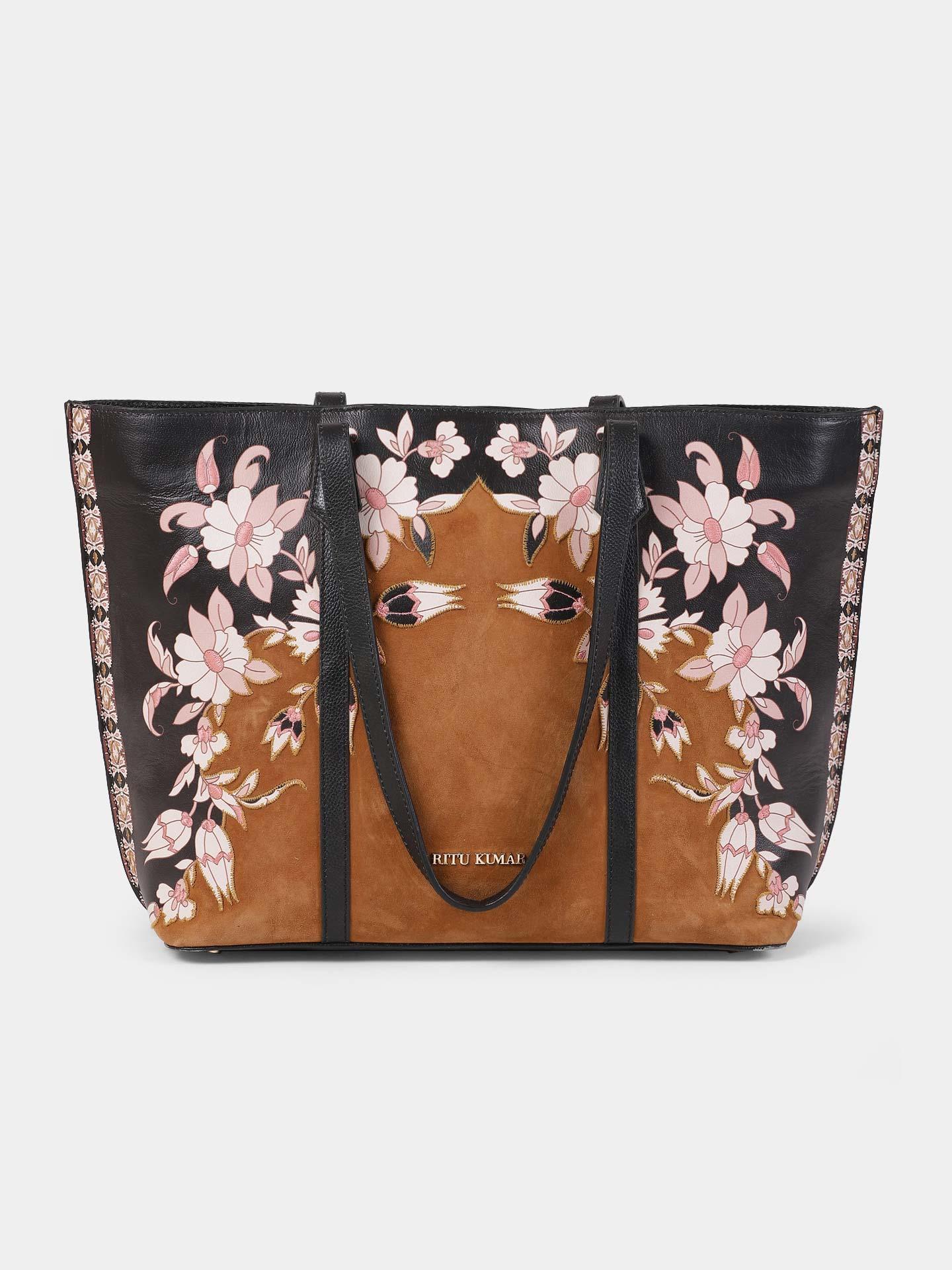 Tan Floral Print Tote Bag