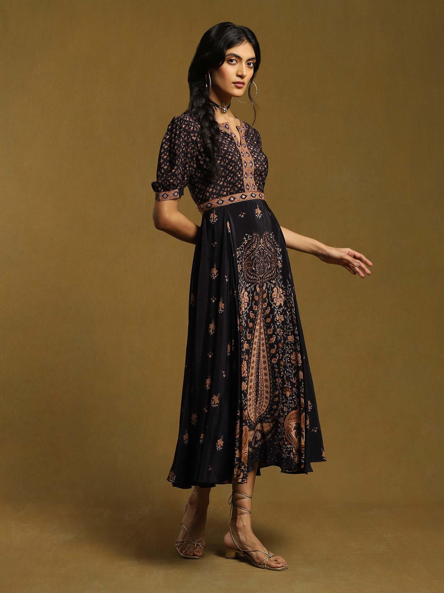 Black Floral Print Long Sheer Sleeve Short Dress