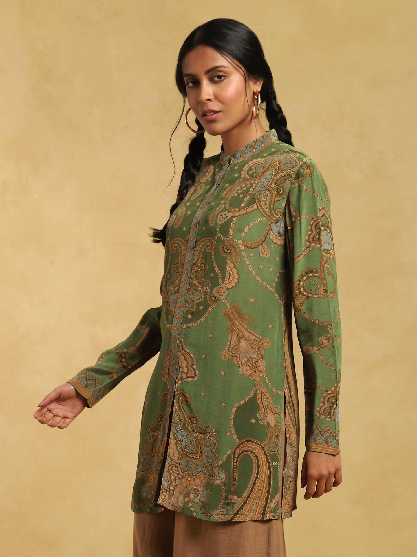 Beige Paisley Printed Straight Rayon Kurti