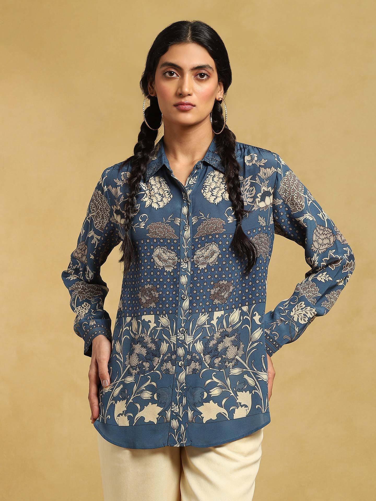 Women Blue & White Poplin Floral Shirt With Pants