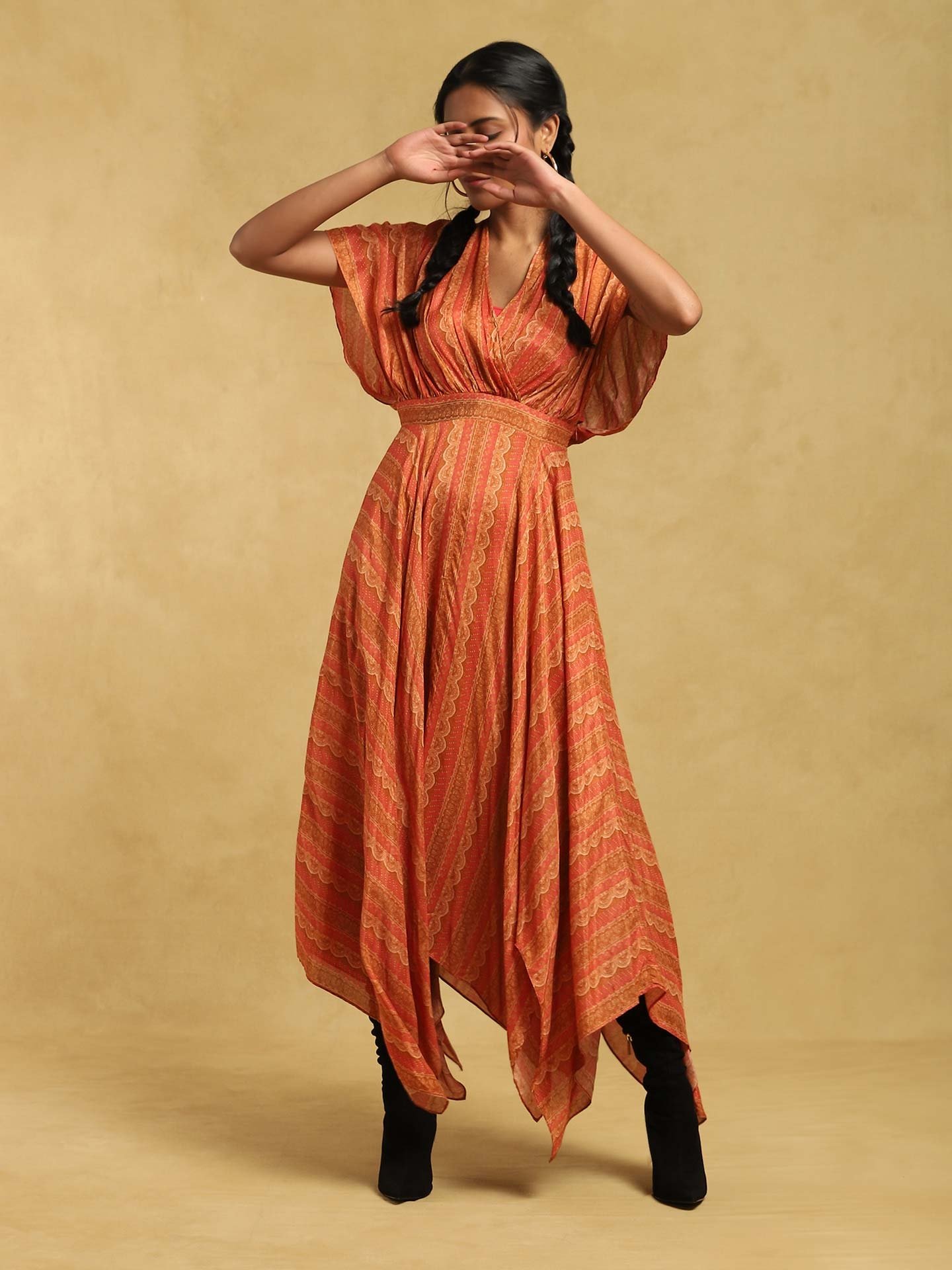Rust Printed Asymmetric Long Dress