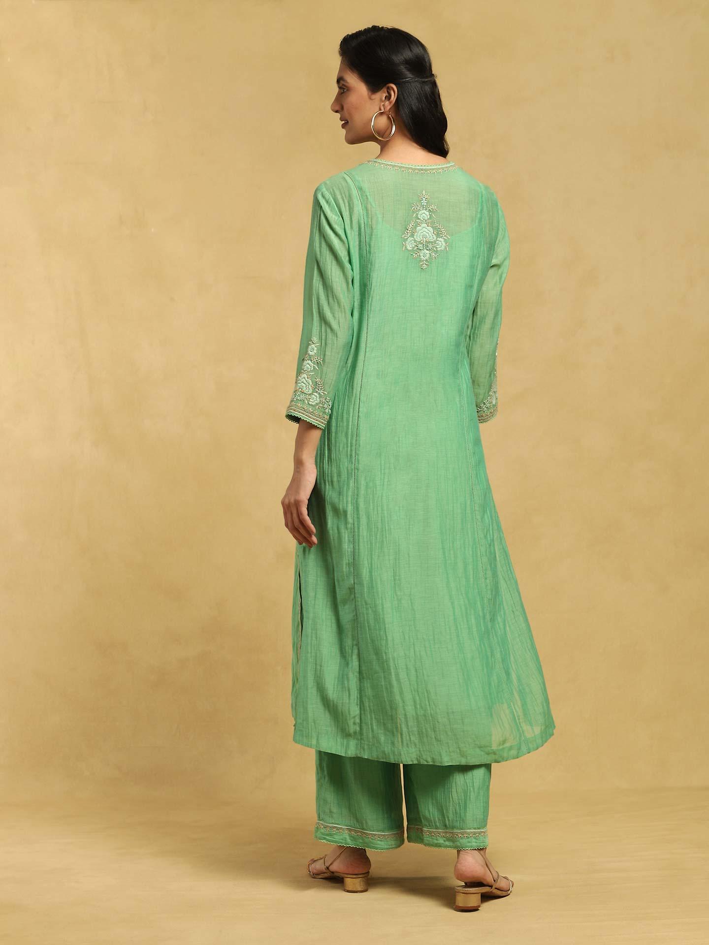 Green Velvet Heavy Embroidered Kashmiri suit with Embroidered Pants & Organza Kiran Lace Duppata main image 1