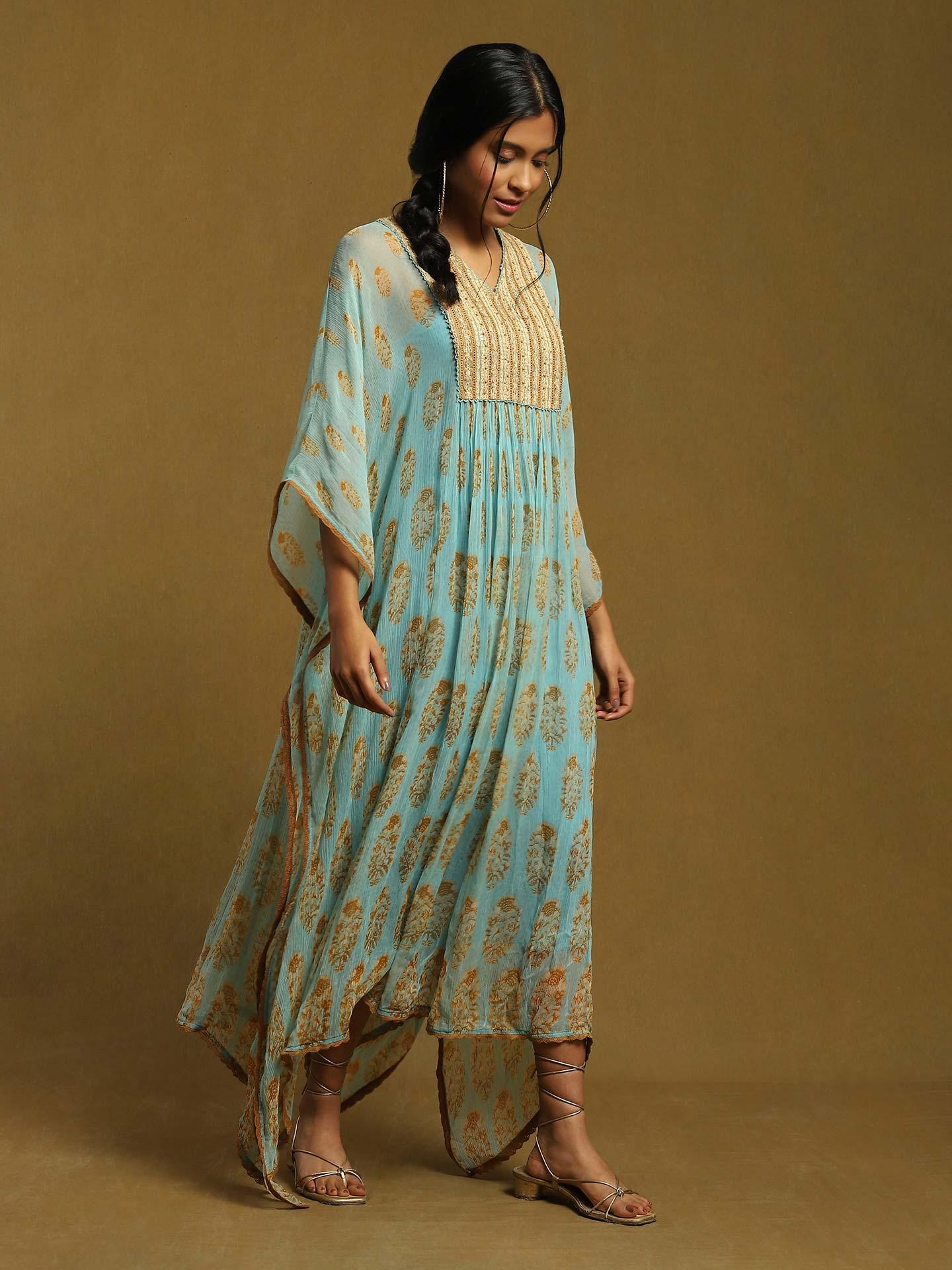 Aqua Paisley Ikat Bamboo Kaftan Beach Bib Dress