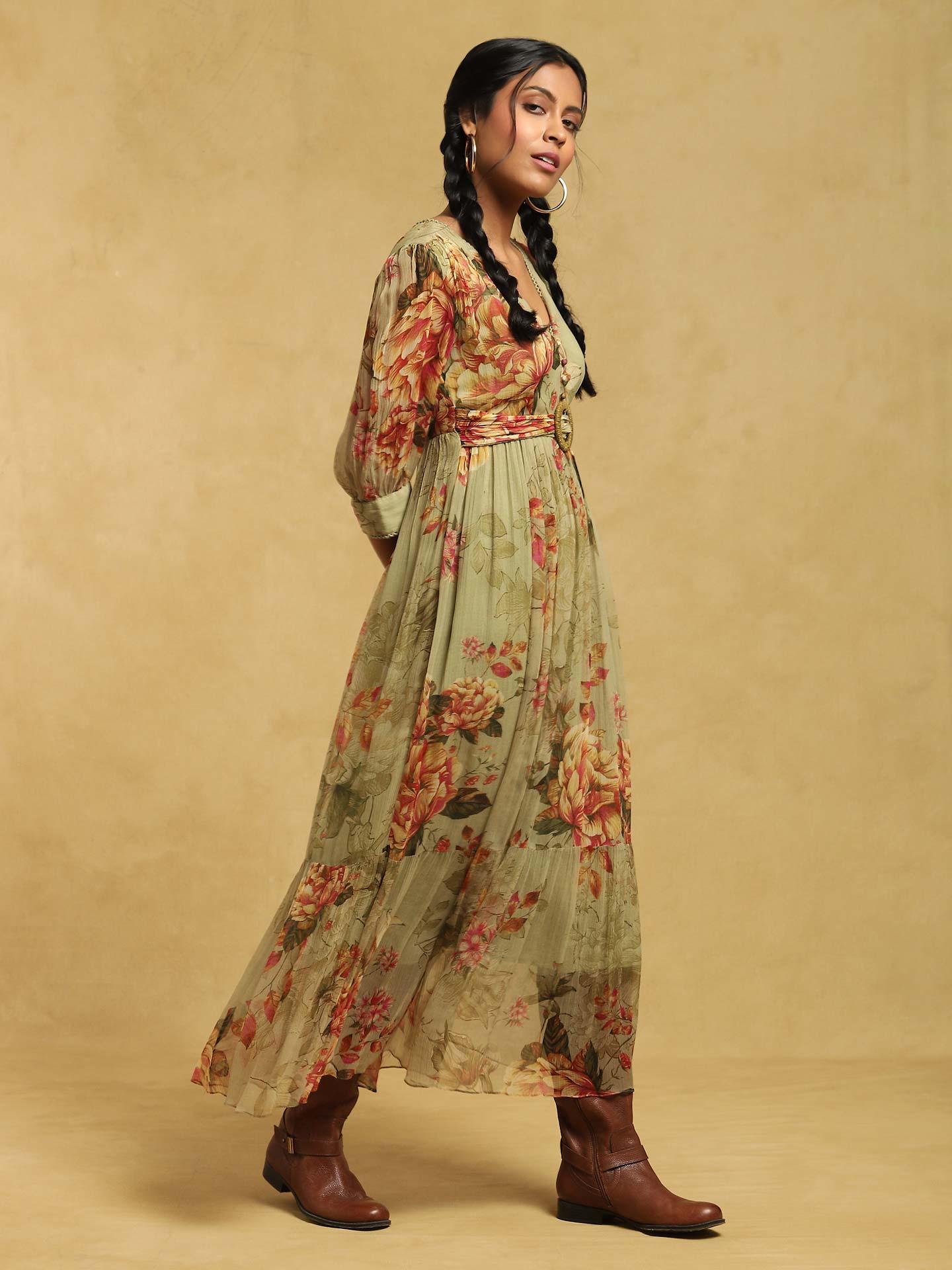BEIGE & GREEN FLORAL LONG SHIRT DRESS