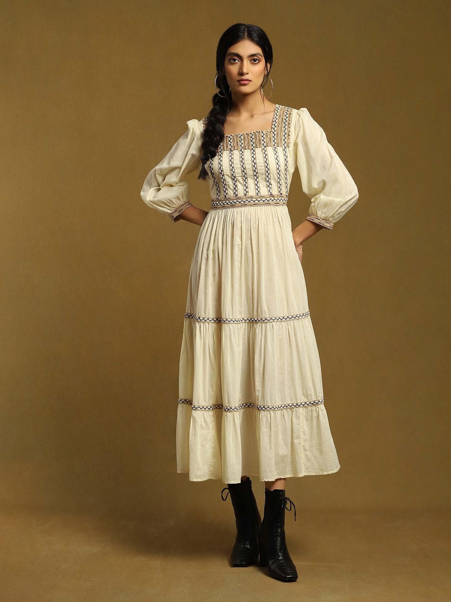 Off white Dress with Green Embroidery