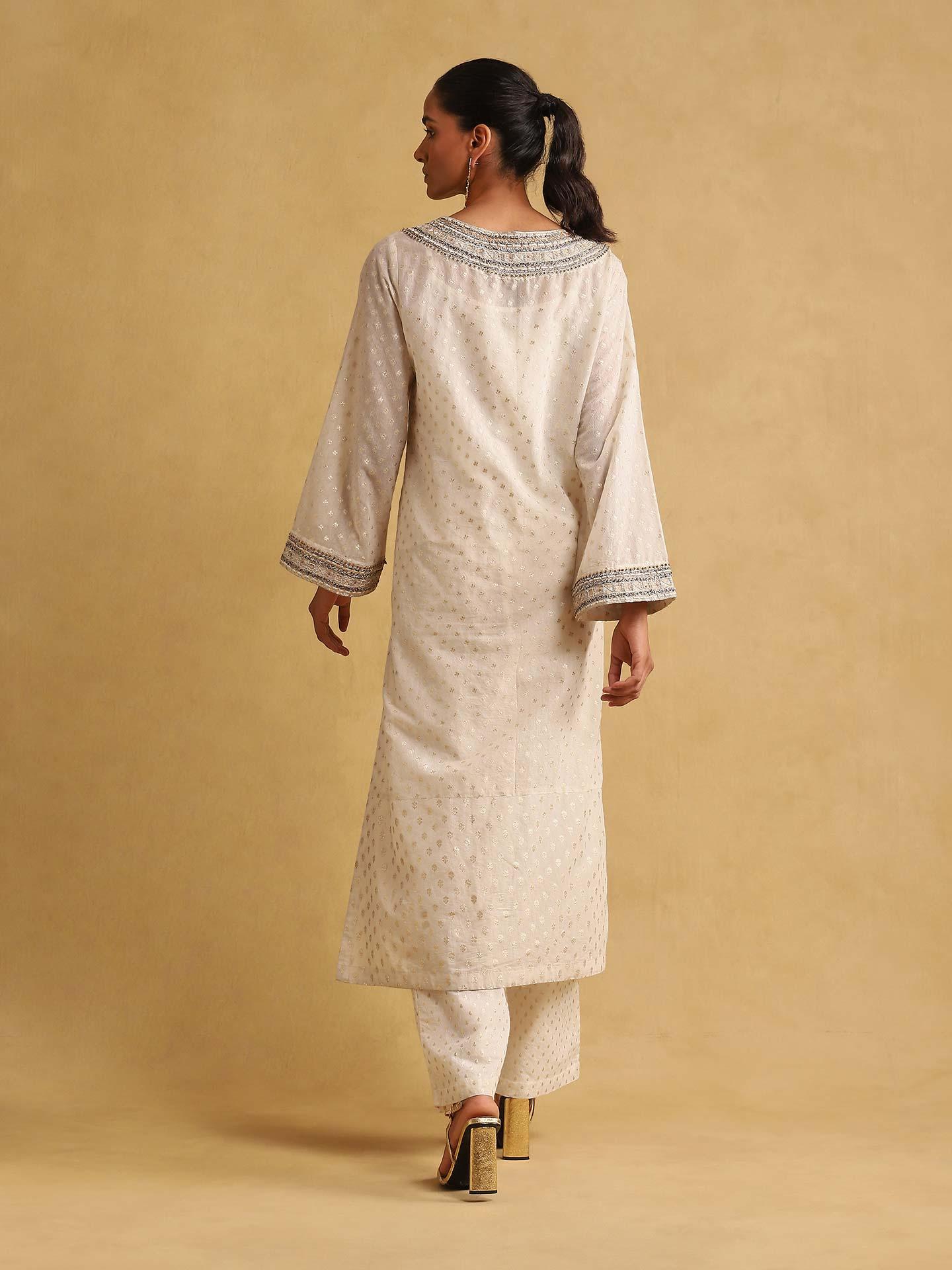 Off White Embroidered Cotton Straight Suit Set With Trousers