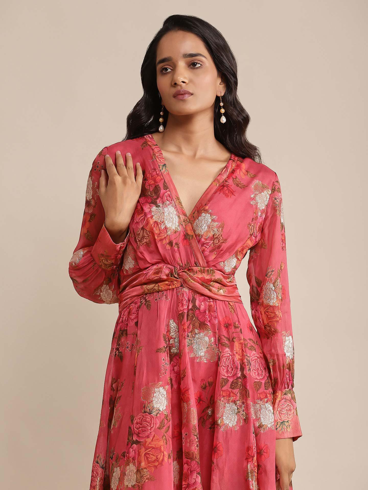 Coral Floral Print Organza Dress