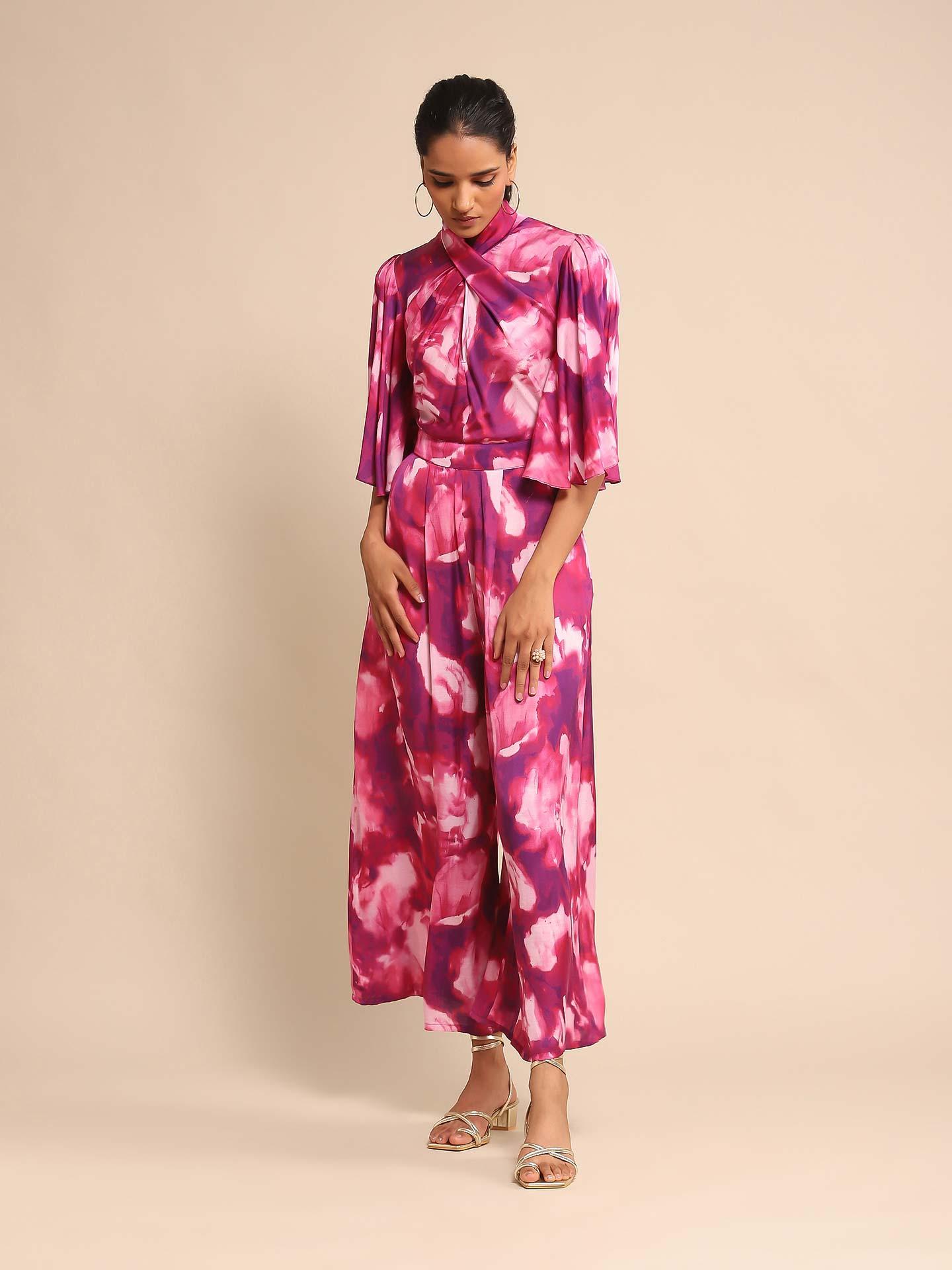 5212312 Pink Bow Tie Front Jumpsuit