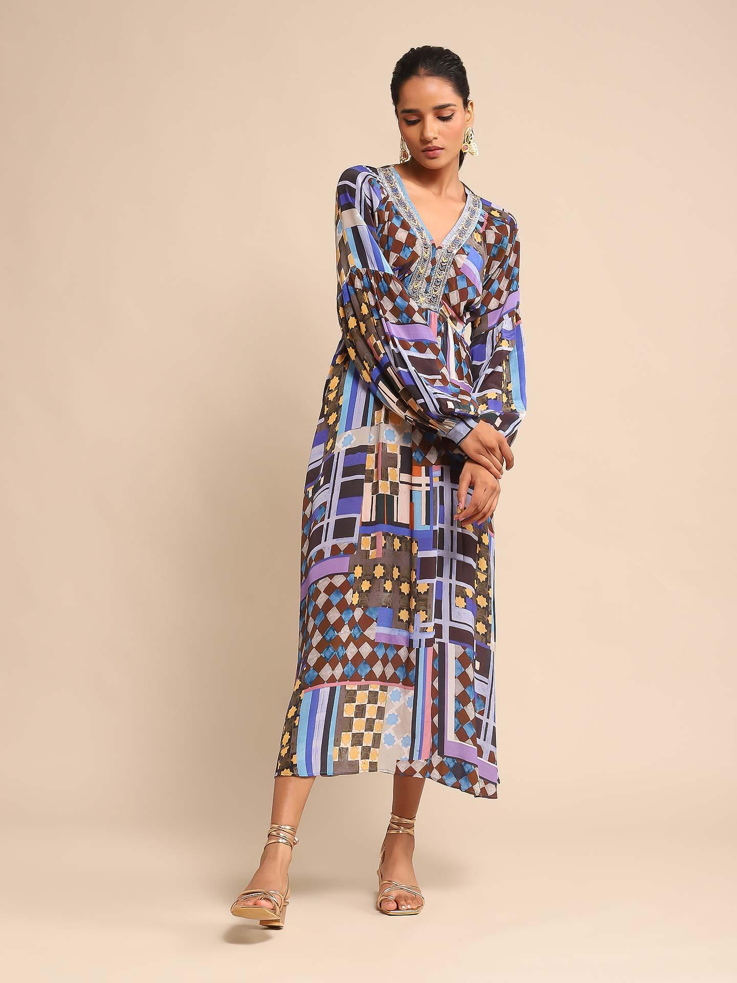 Blue&Black Geometric Printed Jacket and Sleeveless dress (Set of 2)