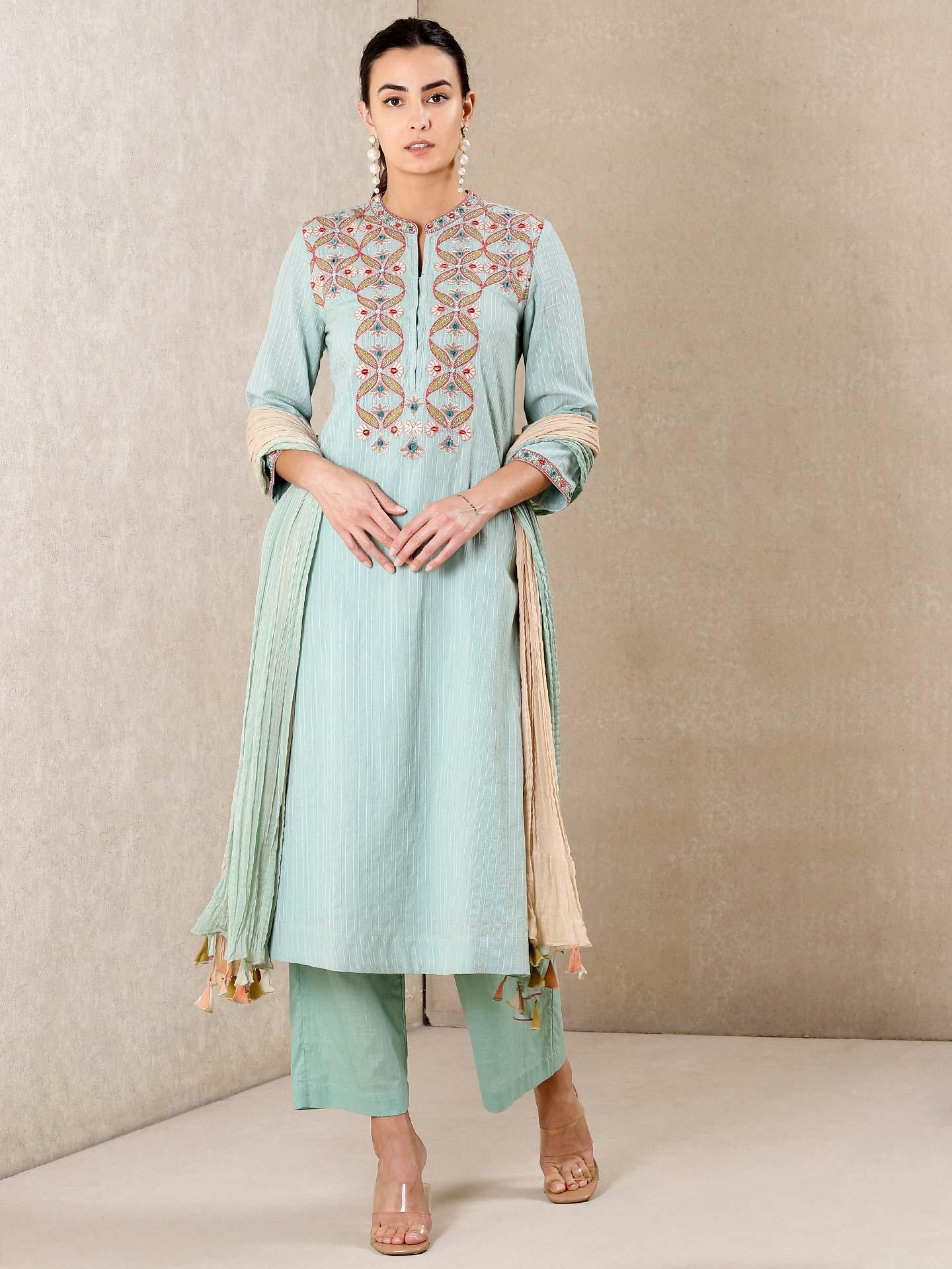 Sea Blue Mal Cotton Embroidered Semi Formal A-line Suit with Mal cotton Duppata main image 0