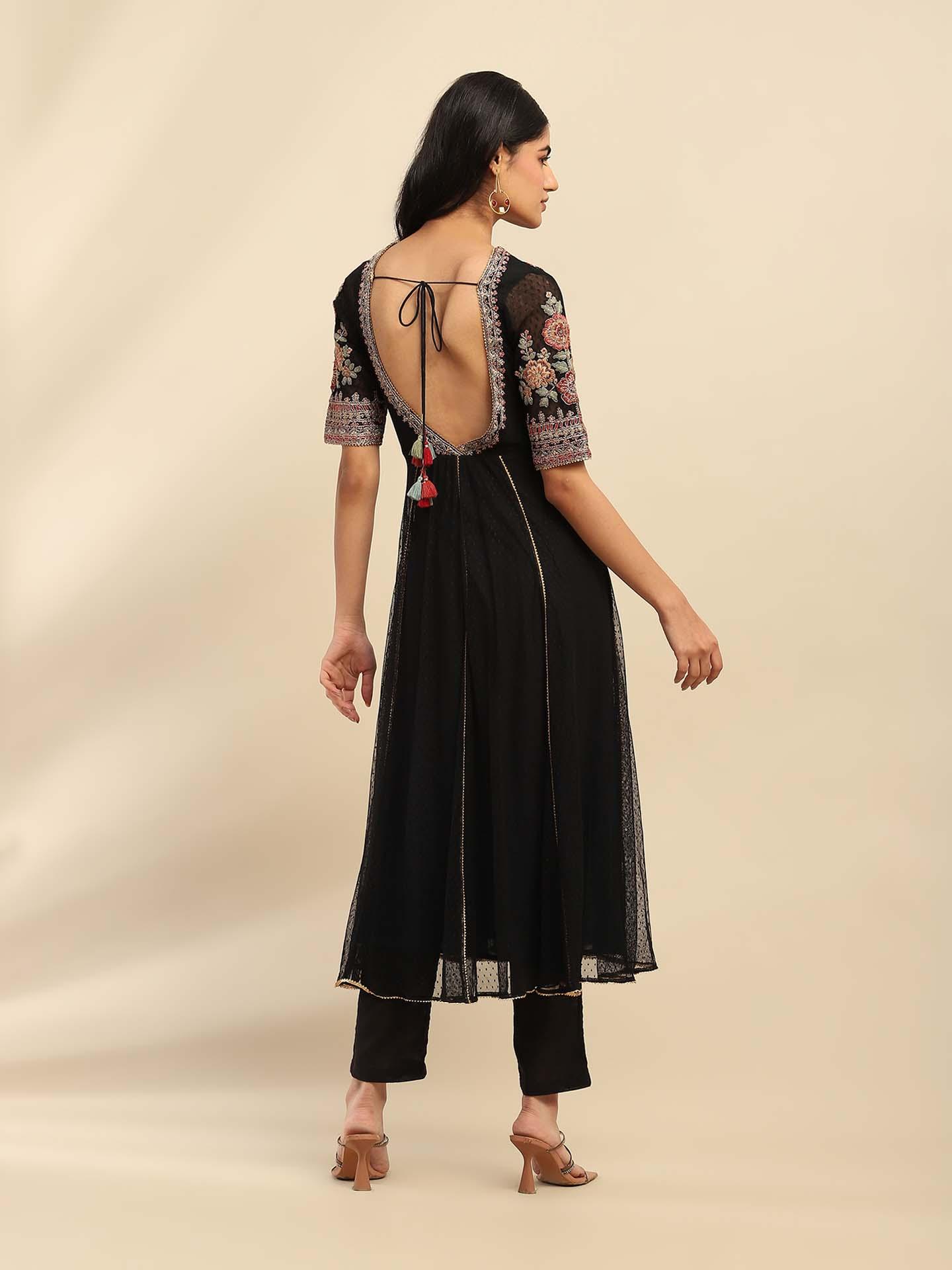 Asheera Black Mul Cotton Anarkali Suit Set