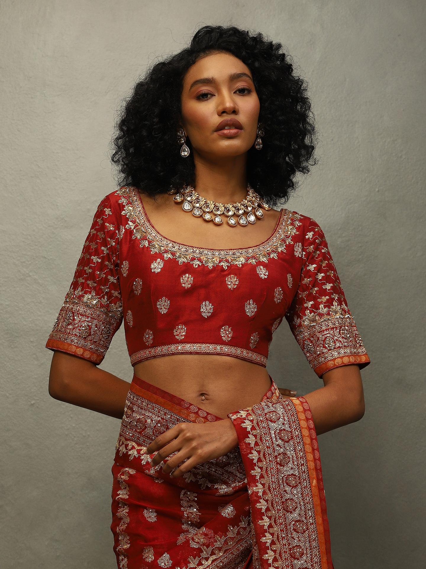 【COUNTER POINT】 JAMDANI SAREE BLOUSE Red Jamdani Saree With Unstitched Blouse