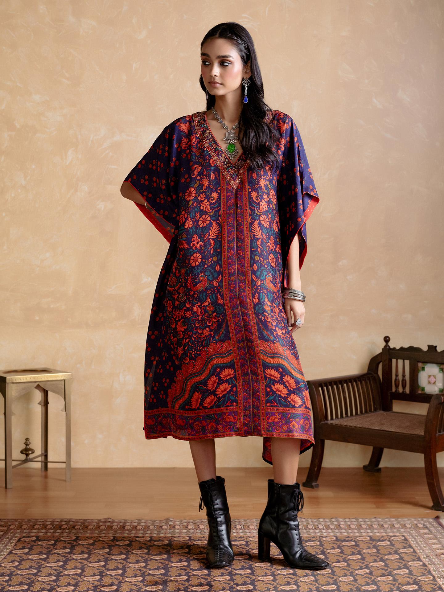 Ritu Kumar インド チュニックドレス Blue Floral Print Long Dress With Tiers