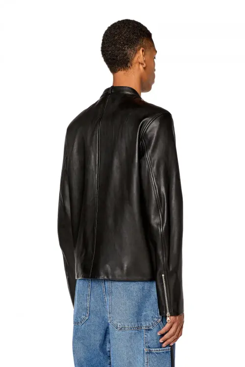 Leather biker jacket with distressed logo