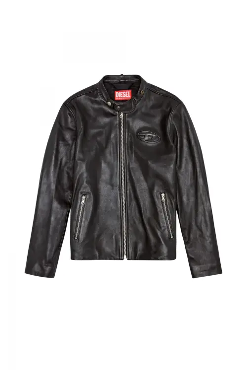 Leather biker jacket with distressed logo