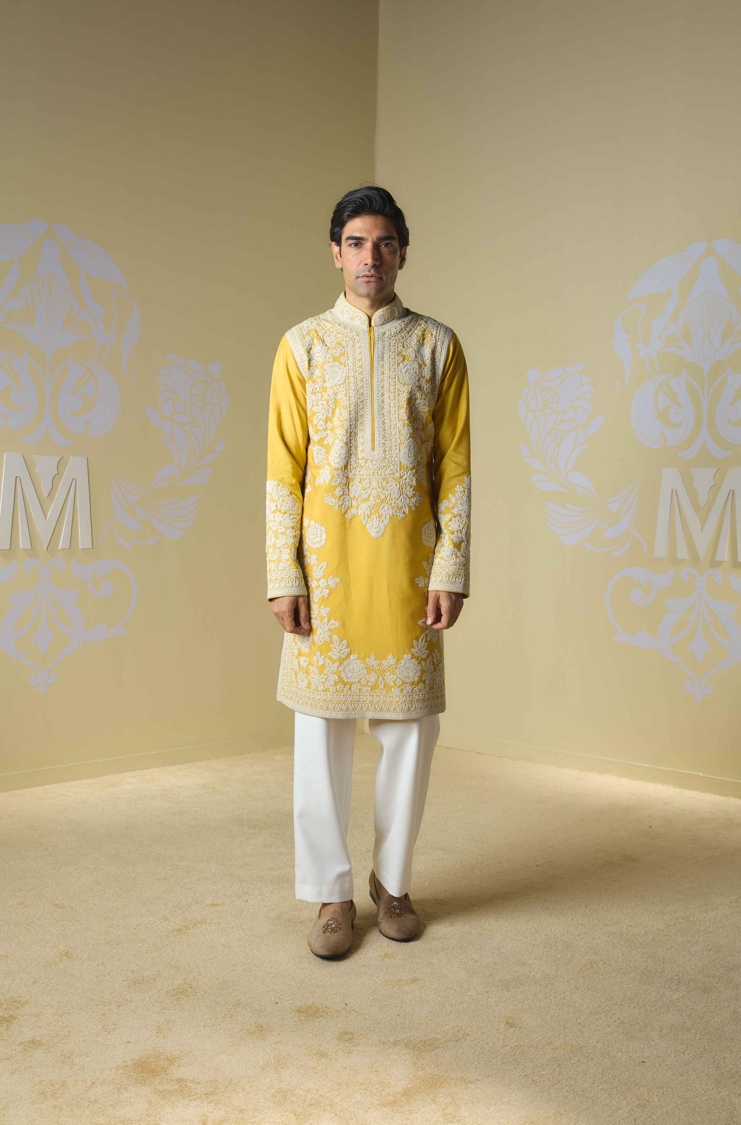 Buy Designer Yellow Dori Embroidered Kurta Set online for Men from Manish Malhotra