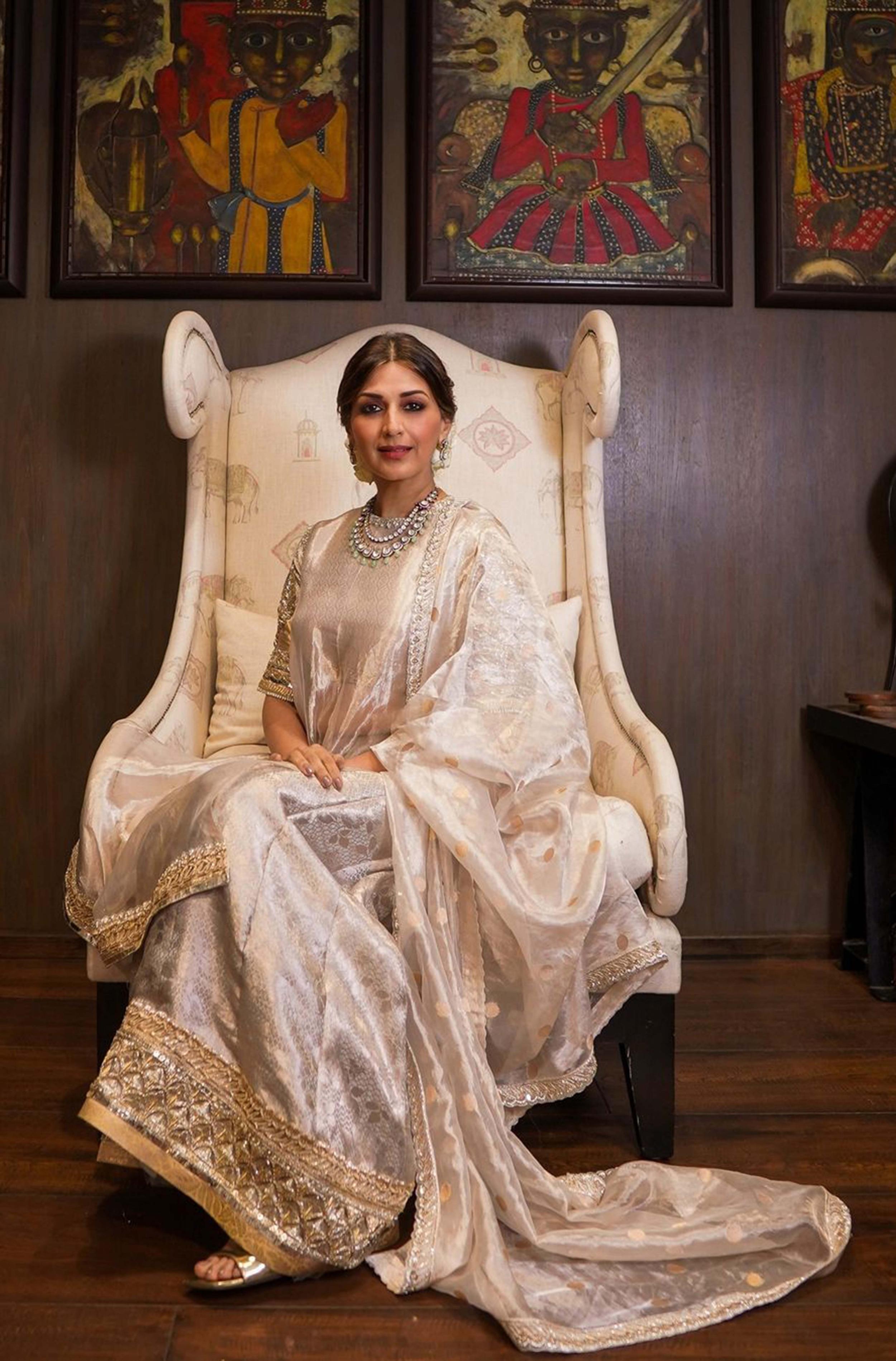 Buy Designer Sonali Bendre in our Silver Tissue Embroidered Kurta with Sharara Set online for Women from Manish Malhotra. MM P TU 59170 SHA C ENQ